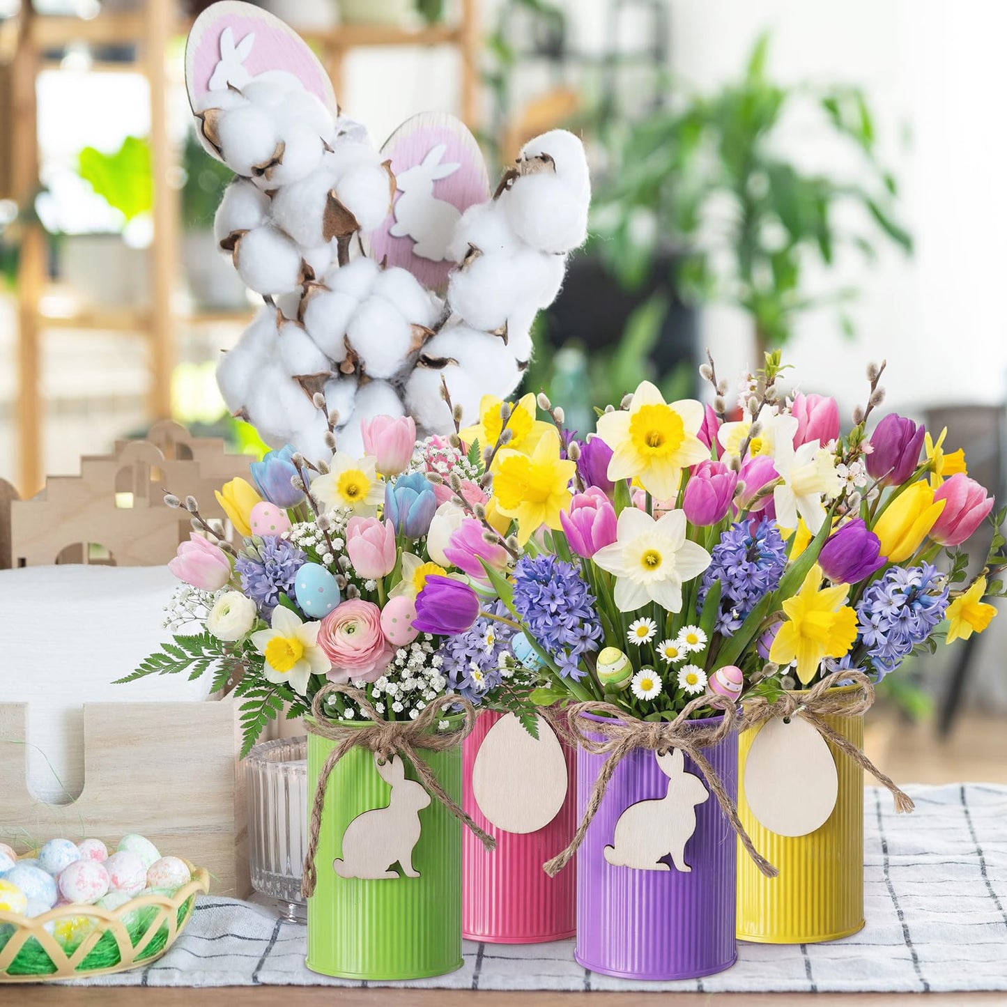 Ferrochef 8 Set Farmhouse Vase Decor with Wooden Cutouts Metal Pots with Blank Unfinished Wood Ornaments Rustic Table Centerpiece Craft for Spring Home Party