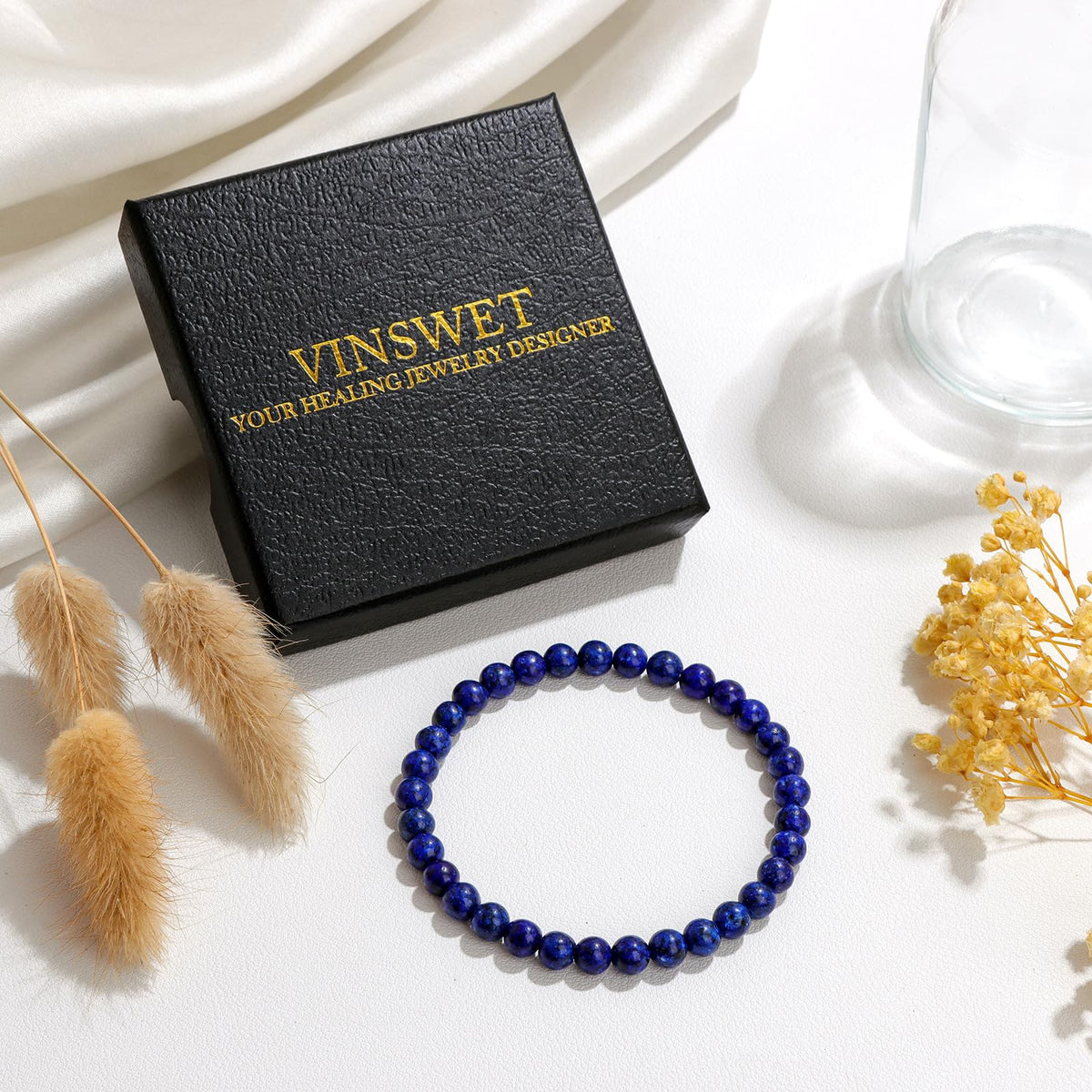Vinswet Healing Crystal Bracelets for Women Men 6mm Lapis Lazuli Natural Stone Beaded Stretch Bracelet Handmade Gemstone Reiki Spiritual Jewelry Gifts