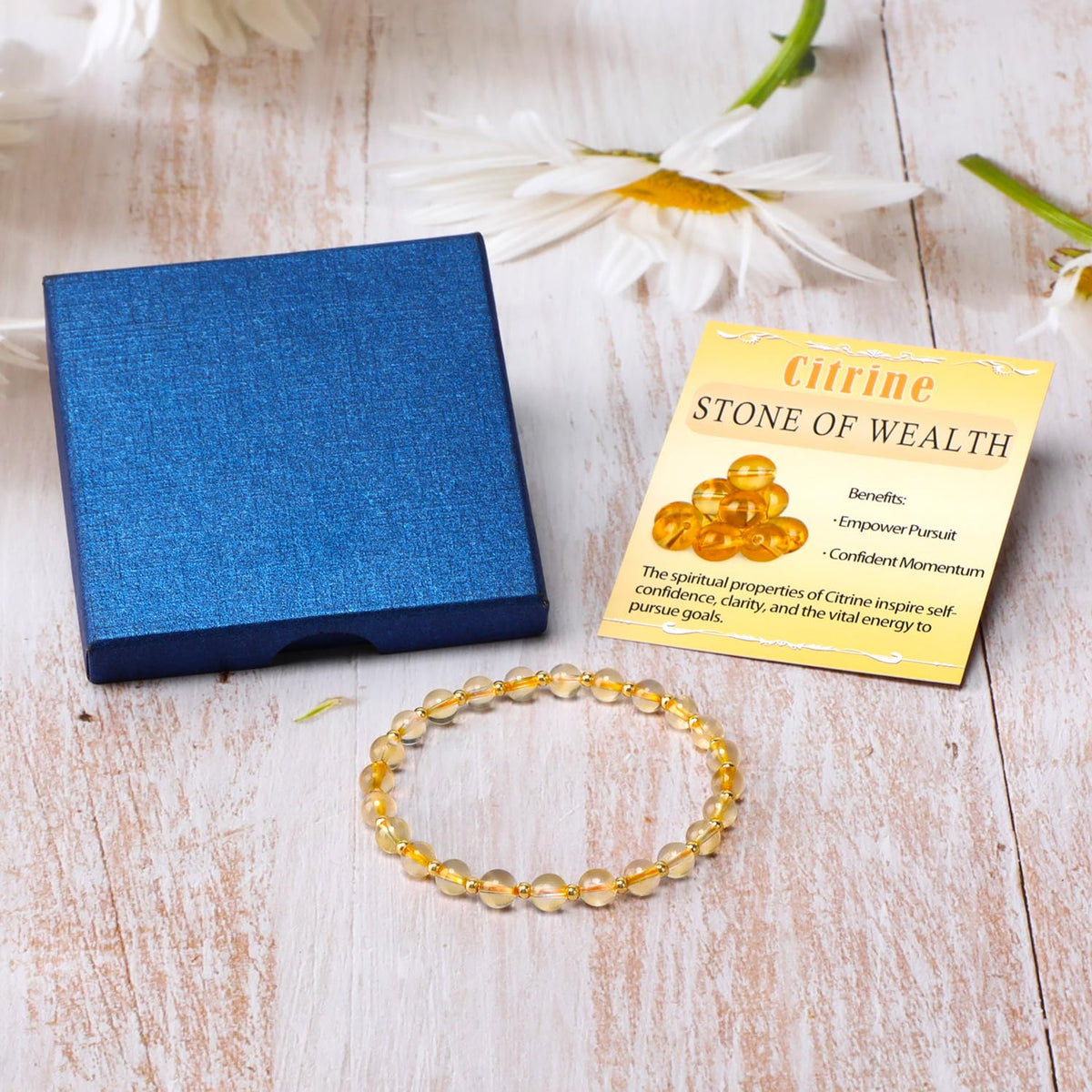 QOGIR Citrine - Stone of Wealth - 14K Gold Plated Beads Natural Gemstone Stretch Elastic Dainty Healing Beaded Bracelets Gifts 6mm