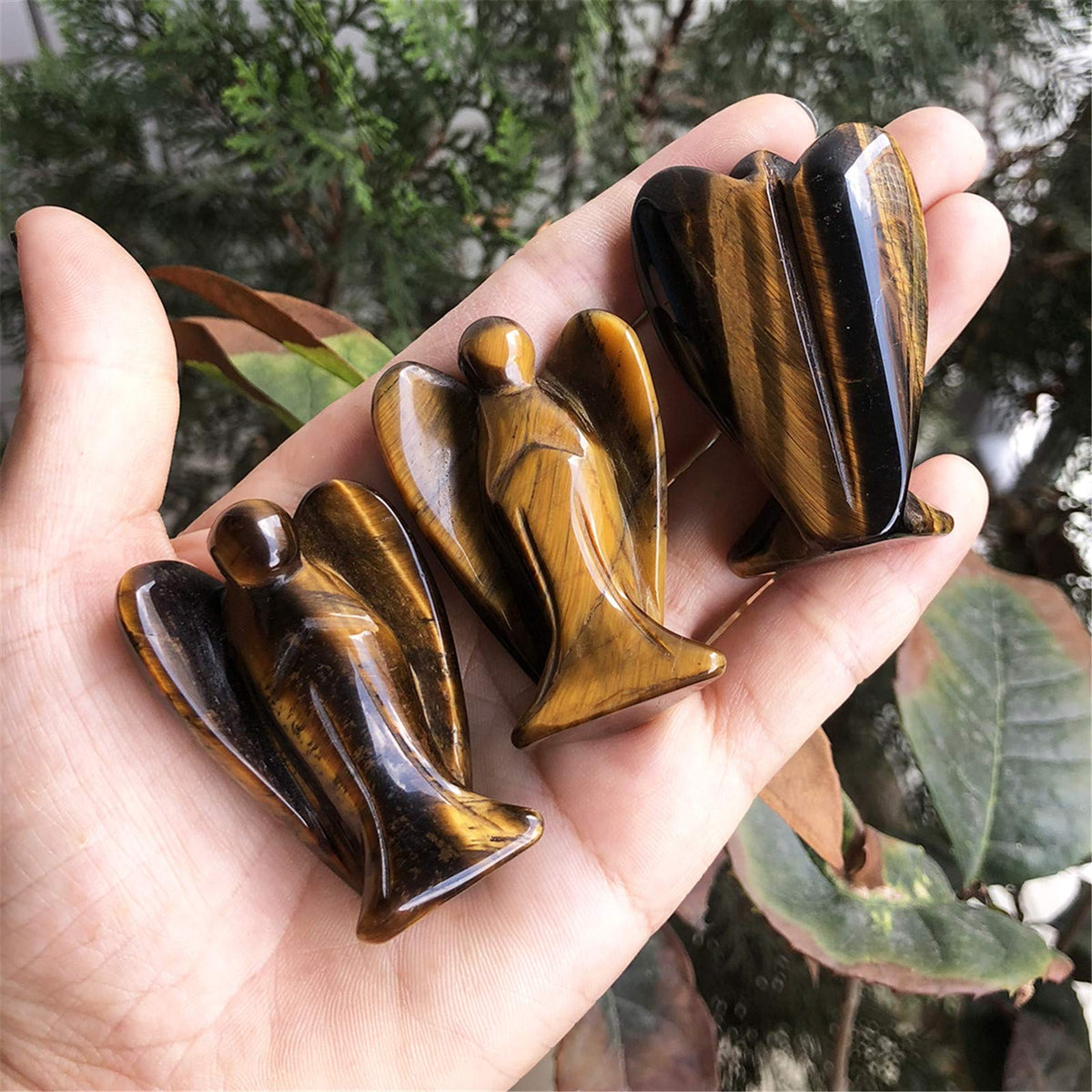favoramulet 2 Inches Tiger's Eye Stone Crystal Pray Guardian Angel Statue, Carved Healing Peace Angel with Wing Figurine Pocket Stone