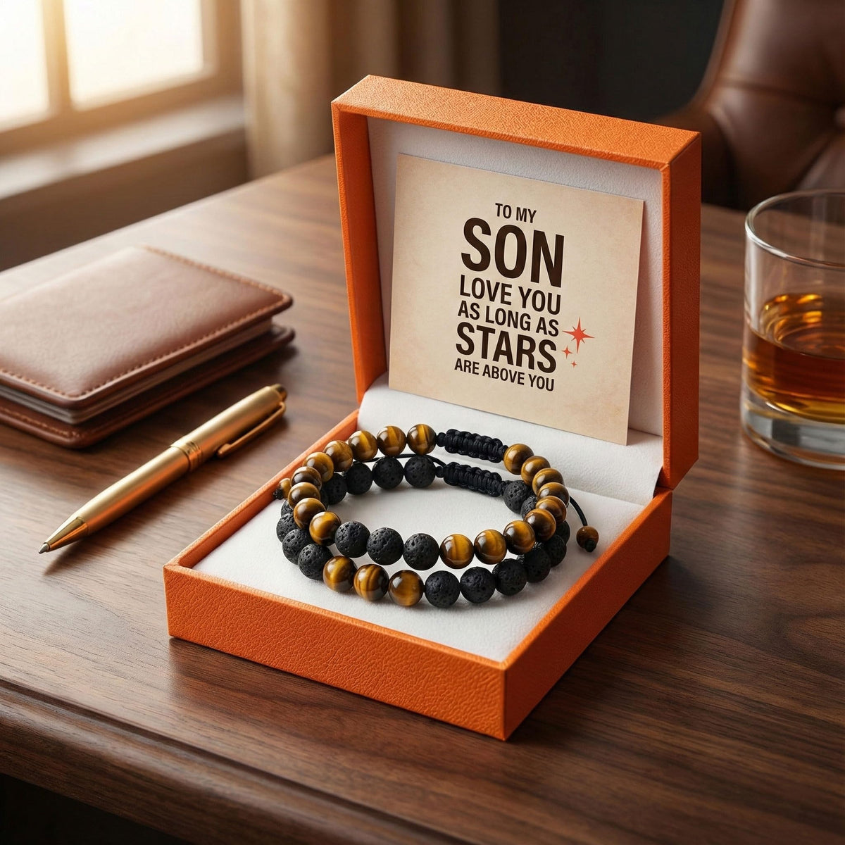 SFPJTL To My Son Gifts from Mom Dad - Natural Tiger Eye & Lava Rock Bracelets Set (2-Pack) for Men - Anxiety Stress Relief & Inspirational Graduation 18th 21st Birthday Gift for Him - Adjustable Beaded Jewelry