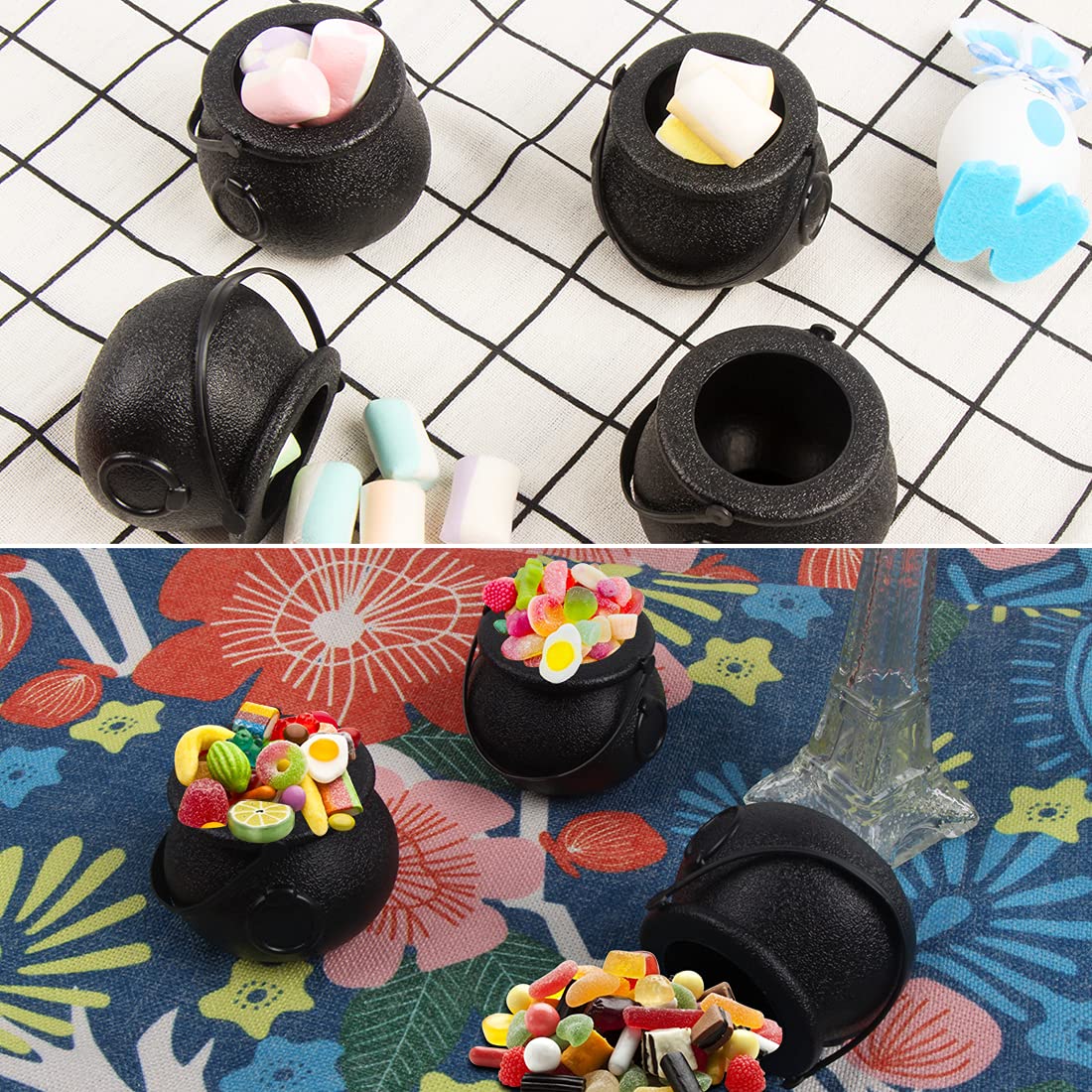 DIYASY Mini Plastic Cauldron,12 Pcs Witch Calderon Pot Black Buckets with Handle for Kids Halloween Candy St. Patrick's Coins Holder & Party Favors