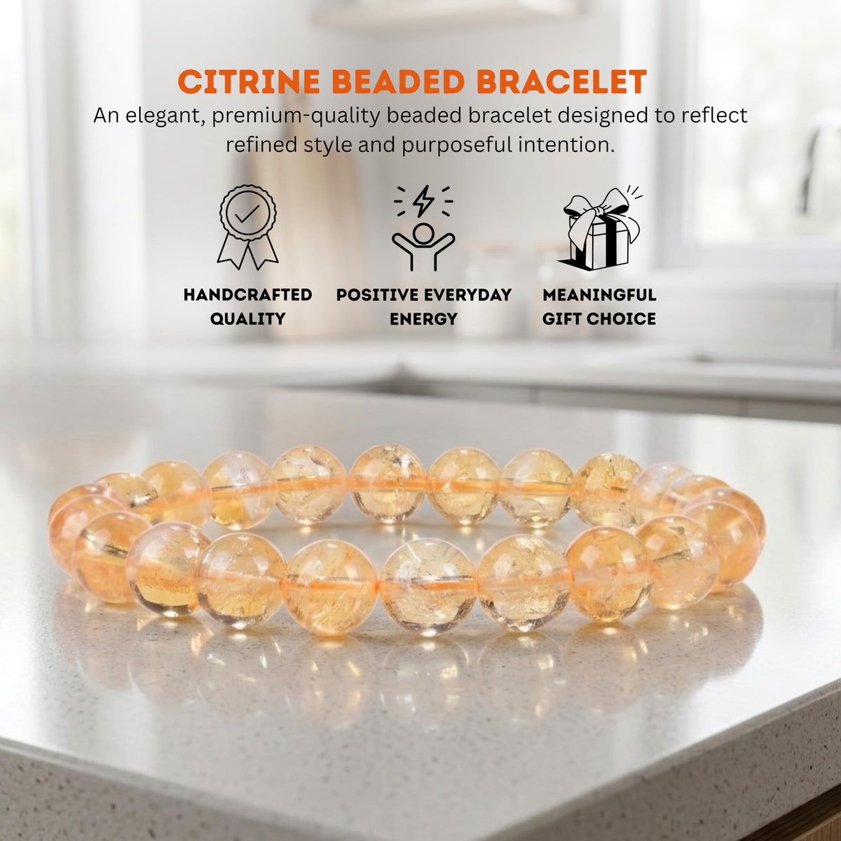 Cherry Tree Collection Citrine Beaded Bracelet – Genuine 8mm Gemstone Stretch Bracelet for Men & Women – Handmade Crystal Bracelet - (Citrine - S)