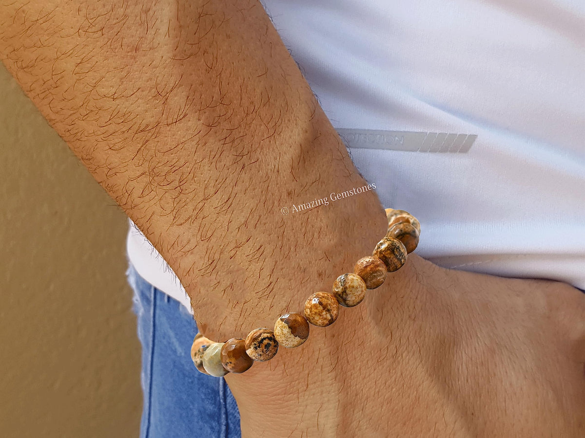 Amazing Gemstone Picture Jasper Bracelet for Women - Chakra Mens Bracelet Protection Crystals and Healing Stones - Blessing Bracelet Spiritual Meditation Gift (Faceted Beaded Bracelet, Adjustable)