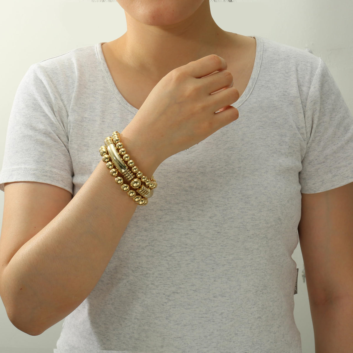 Gold Bangles Bracelet for Women Chunky Curved Stacking Plated Bead Ball Stretchable Bracelets
