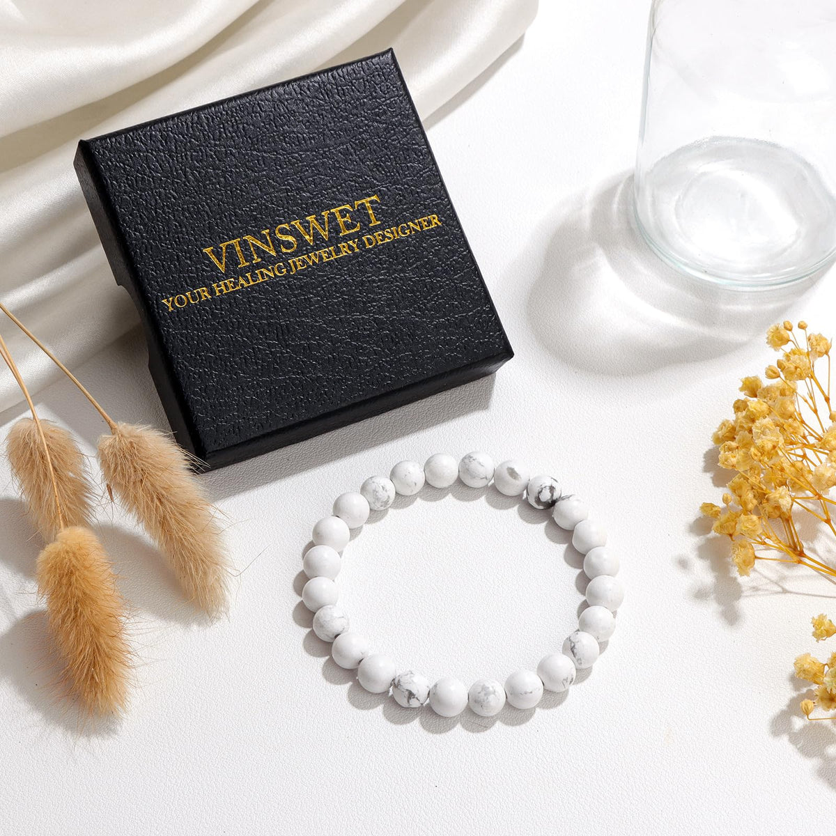 Vinswet Healing Crystal Bracelets for Women Men 8mm Howlite Natural Stone Beaded Stretch Bracelet Handmade Gemstone Reiki Spiritual Jewelry Gifts
