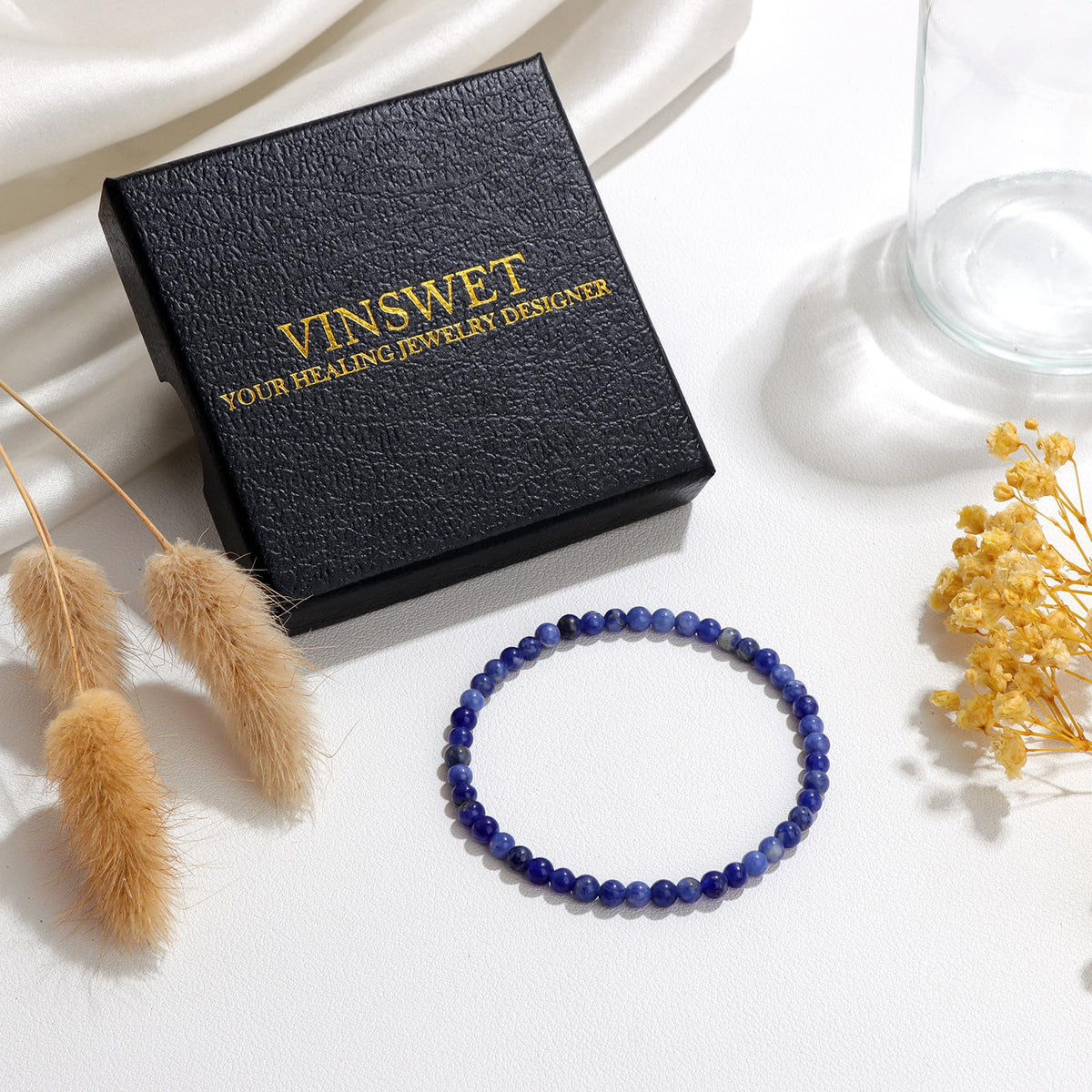 Vinswet Healing Crystal Bracelets for Women Men 4mm Sodalite Natural Stone Beaded Stretch Bracelet Handmade Gemstone Reiki Spiritual Jewelry Gifts