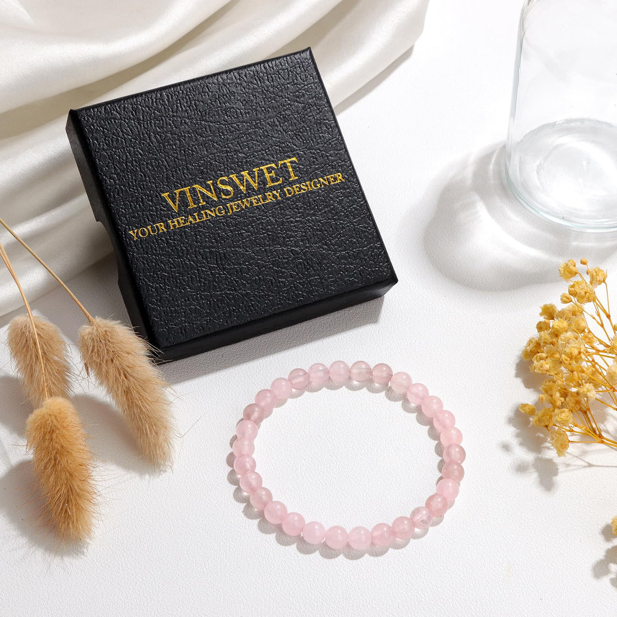 Vinswet Healing Crystal Bracelets for Women Men 6mm Rose Quartz Natural Stone Beaded Stretch Bracelet Handmade Gemstone Reiki Spiritual Jewelry Gifts