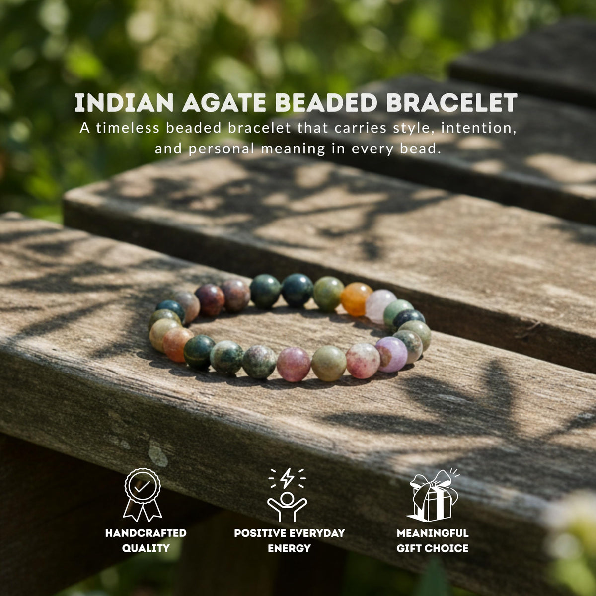 Cherry Tree Collection Indian Agate Beaded Bracelet – Genuine 8mm Gemstone Stretch Bracelet for Men & Women – Handmade Crystal Bracelet - (Indian Agate - M)