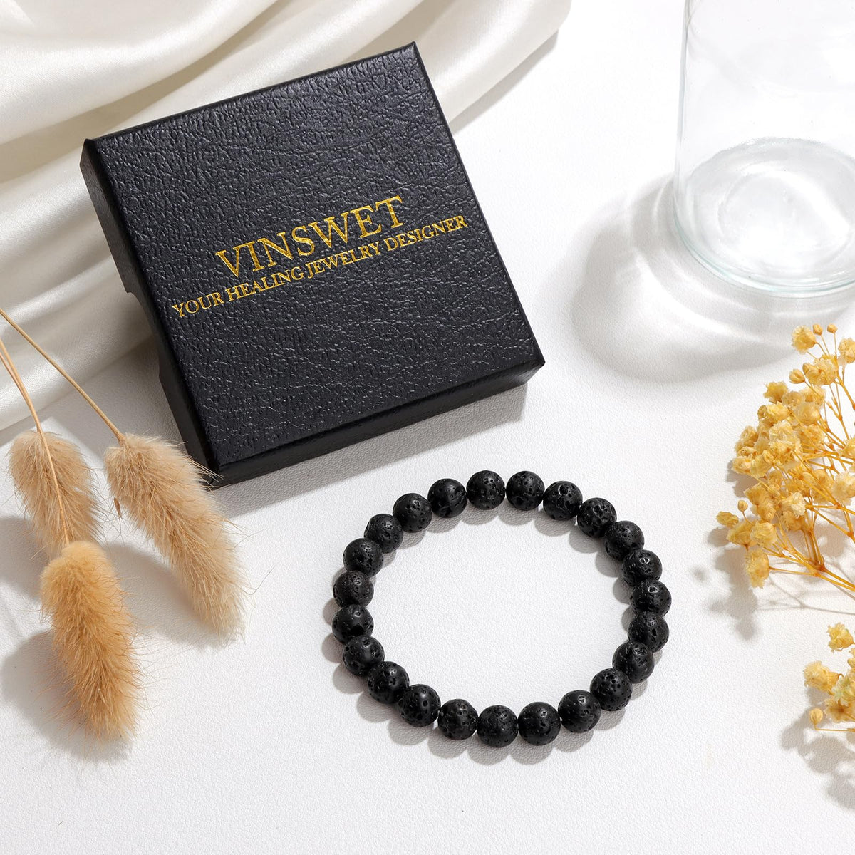 Vinswet Healing Crystal Bracelets for Women Men 8mm Lava Rock Natural Stone Beaded Stretch Bracelet Handmade Gemstone Reiki Spiritual Jewelry Gifts