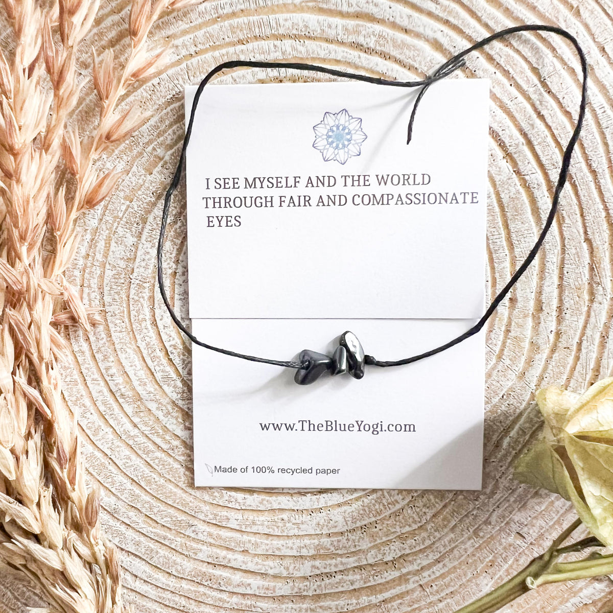 The Blue Yogi Hematite Healing Bracelet Anklet, Adjustable Cord Crystal Bracelet for Women Men, Spiritual Protection Jewelry with Affirmation Card