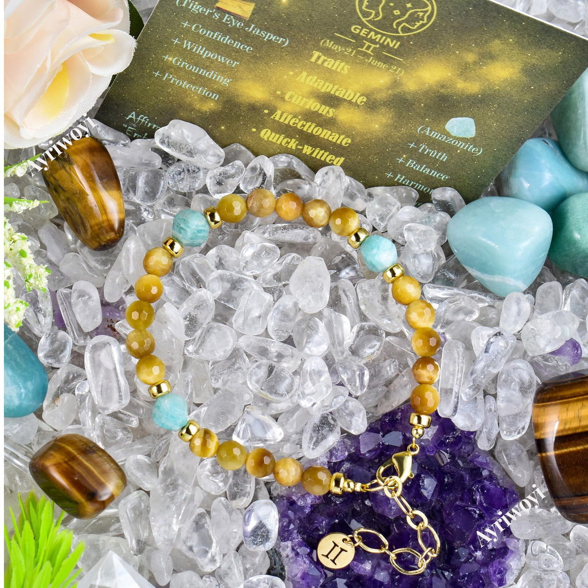 Ayriwoyi Gemini Zodiac Bracelet Yellow Tiger’s Eye Amazonite Healing Facet Stone 12 Constellations Astrology Bracelet Birthday Zodiac Inspirational Gifts