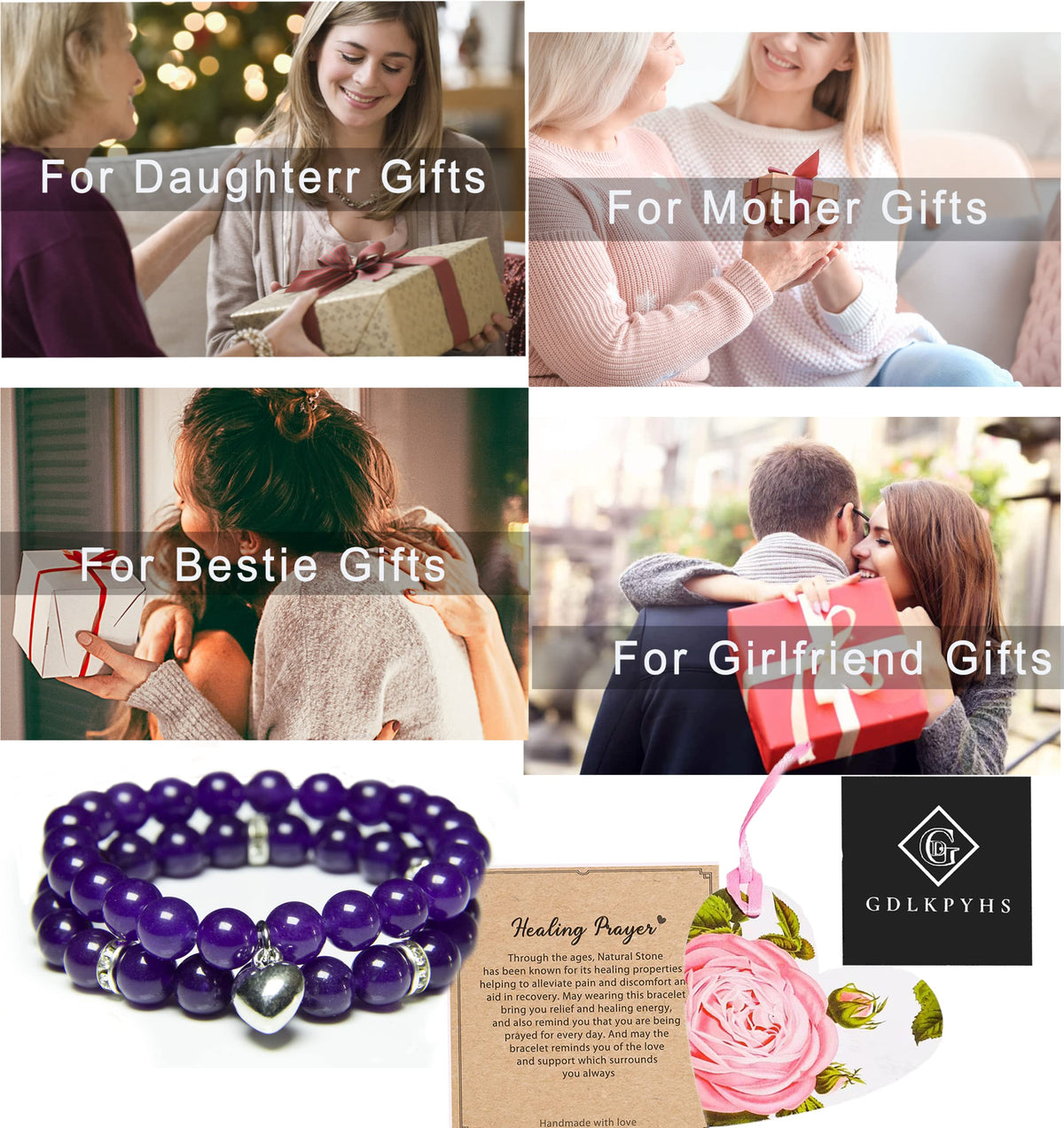 GDLKPYHS Healing Bracelets for Women - Amethyst Bracelet - Healing Prayers Crystal Bracelet, 8mm Natural Stone Stress Relief Yoga Beads Get Well Soon Gifts