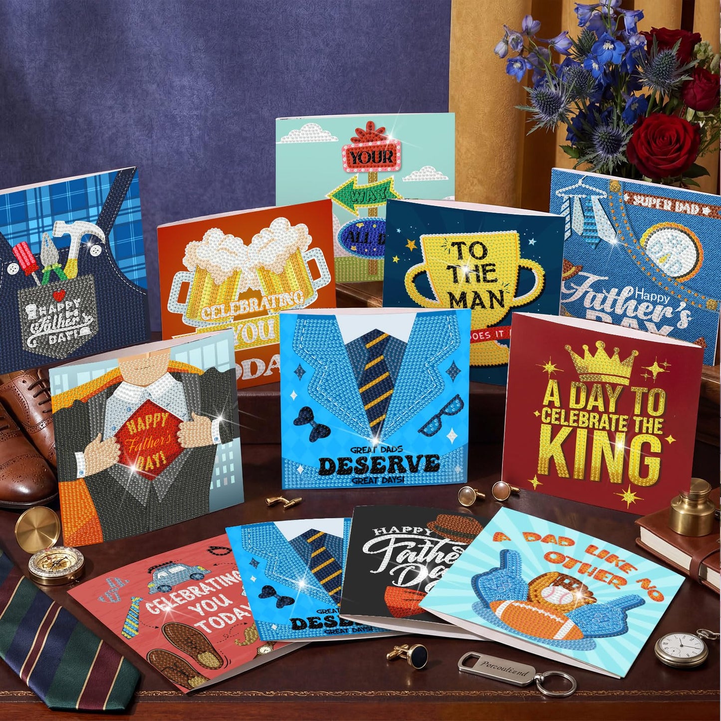 Saillong 12 Pack Father's Day Diamond Painting Greeting Cards Kits Dad Diamond Art Cards with Envelopes Best Dad 5D Rhinestones Painting Making Kits for Adults Father's Day DIY Craft Gifts