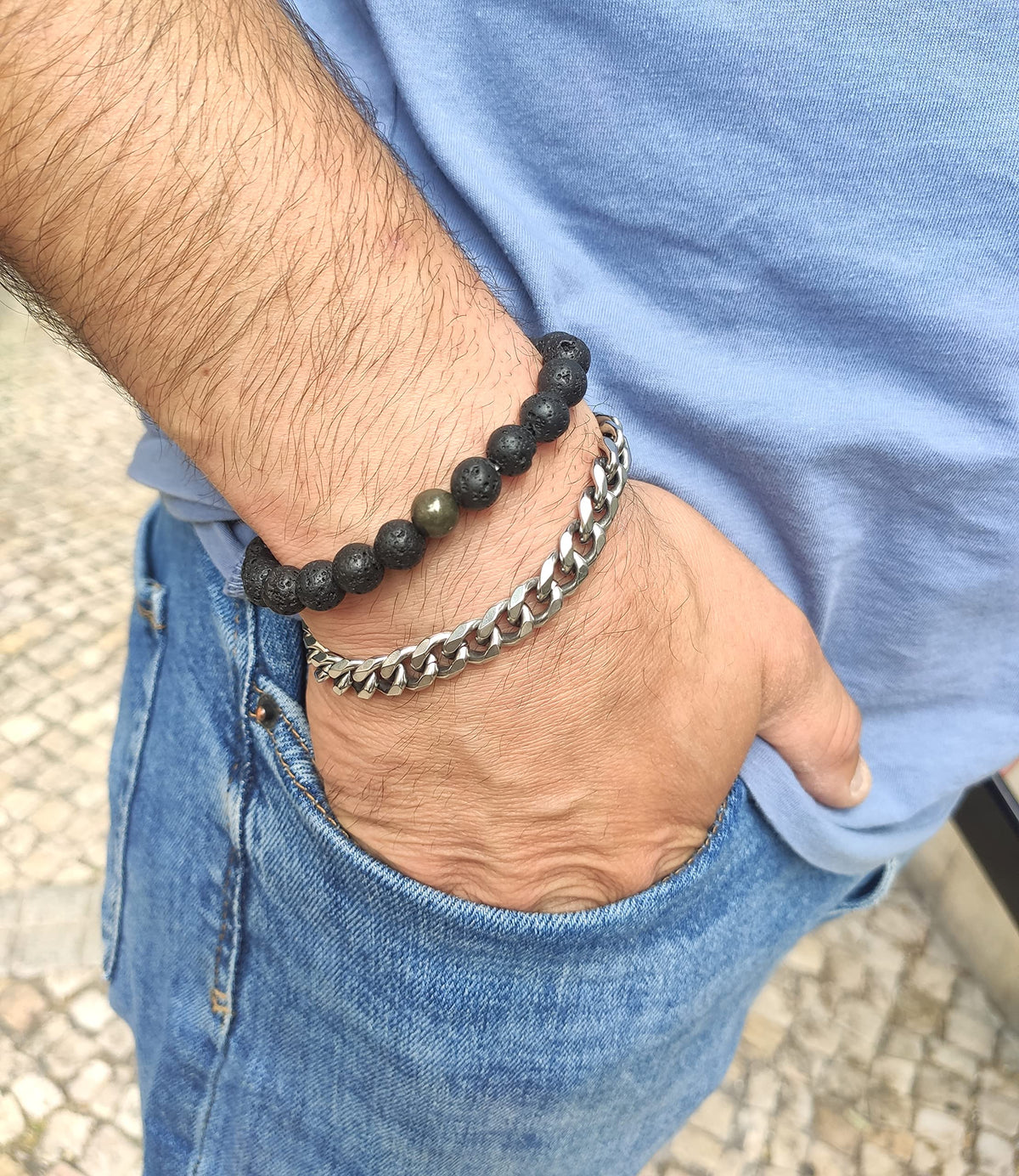 WFJ Black Lava Rock Pyrite Beads Natural Stone Bracelets Set of 2 Healing Crystal Energy Activation Chakra Reiki Elastic Stretcht Diffuser Yoga 8mm