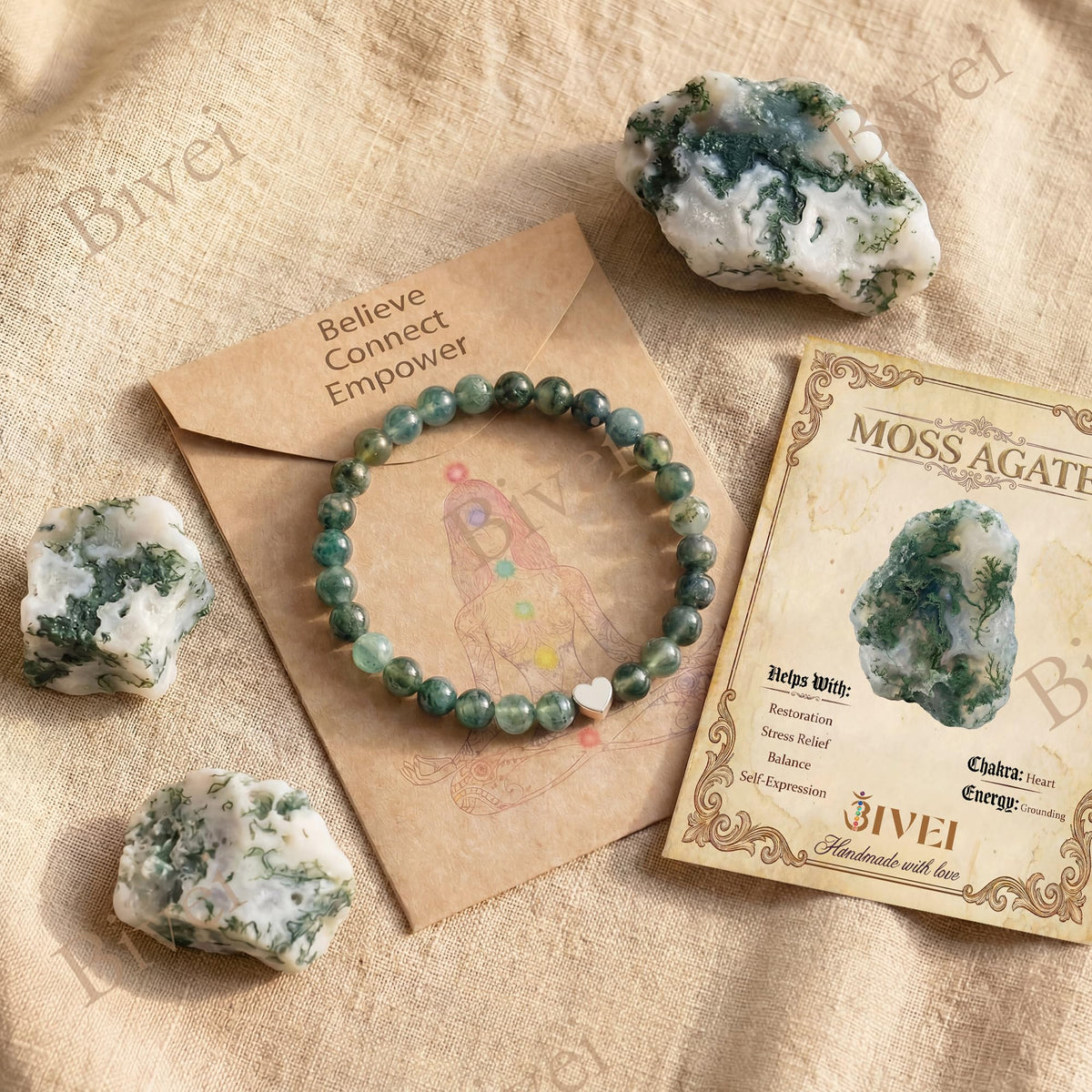 Bivei 6mm Moss Agate Crystal Stretch Bracelets for Women, Handmade Natural Stone Beaded Bracelet, Yoga Protection Jewelry Gift