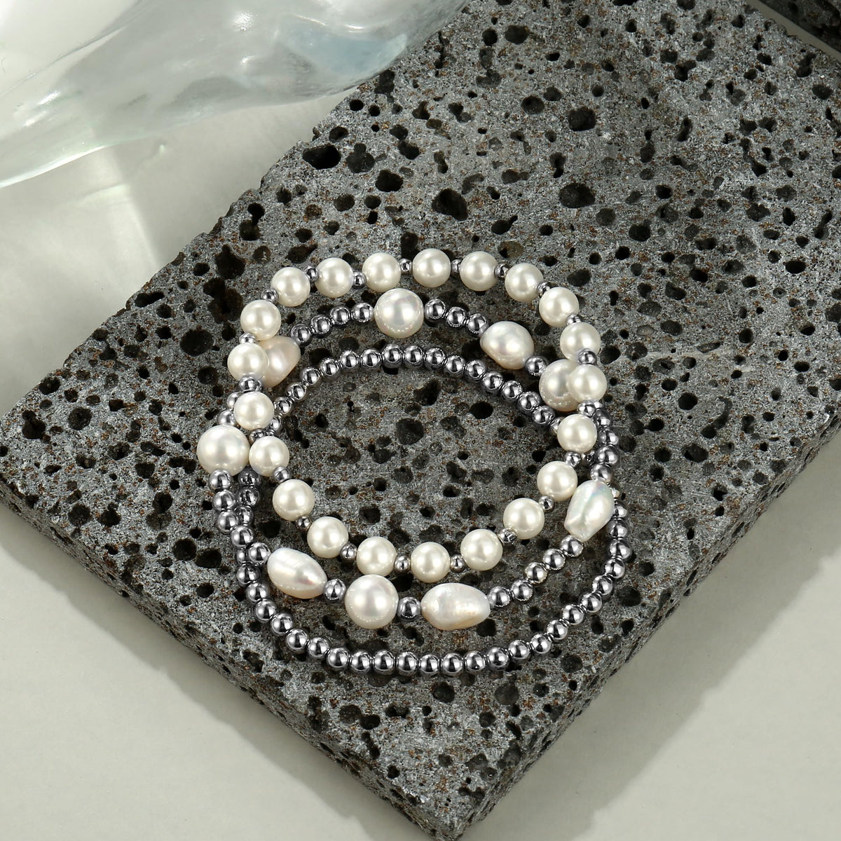 Silver Pearl Bracelets for Women Baroque Pearl Stackable Stretch Bead Ball Bracelet Jewelry Gifts (3PCS)