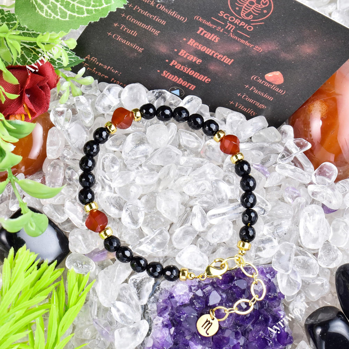 Scorpio Zodiac Bracelet Black Obsidian Carnelian Crystal Healing Small Beaded Bracelets Dainty Bracelets Adjustable Astrology Bracelet Gift for Women