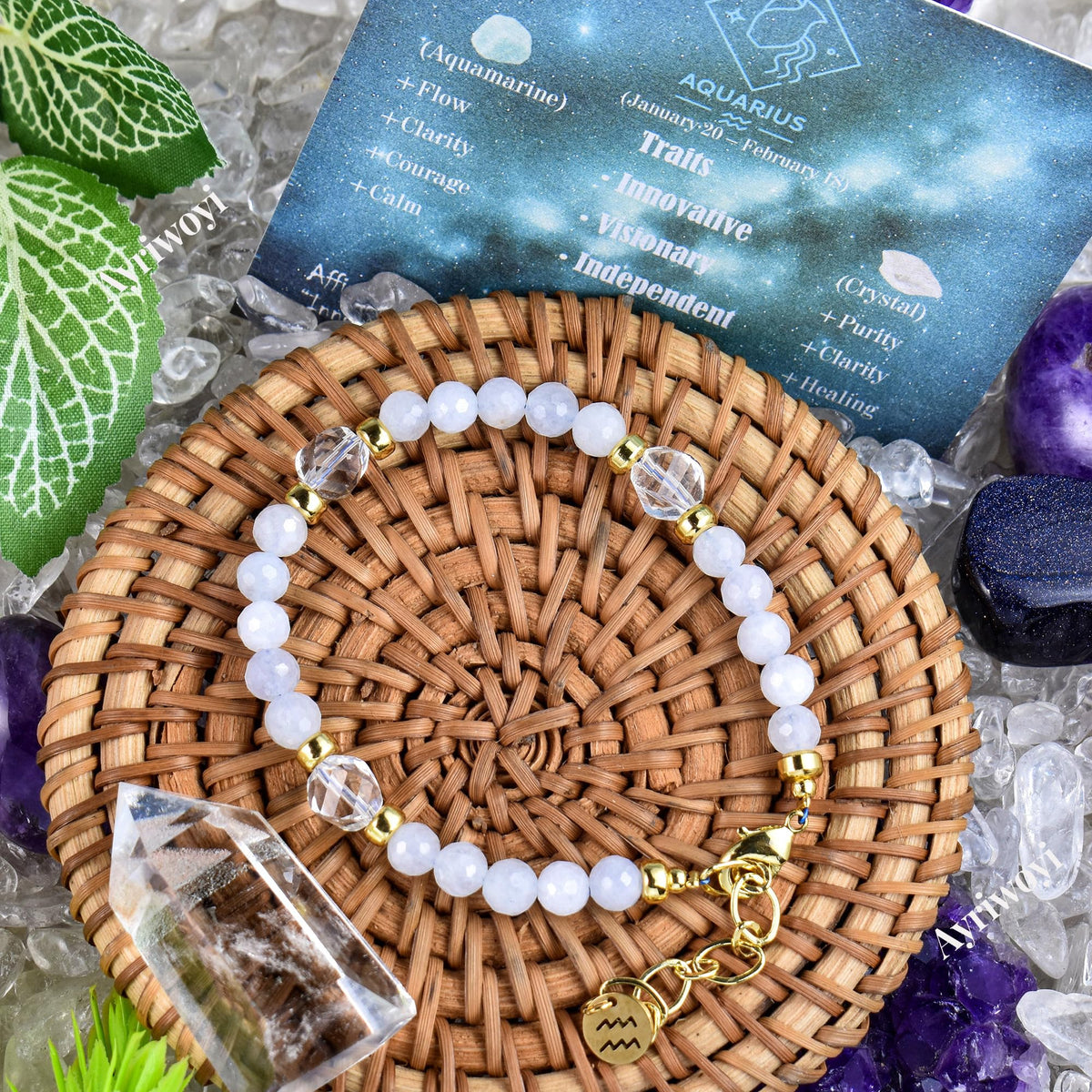 Ayriwoyi Aquarius Zodiac Bracelet Aquamarine Clear Quartz Crystal Healing Beads Bracelet 12 Constellations Bracelets Adjustable Astrology Jewelry Gift Women