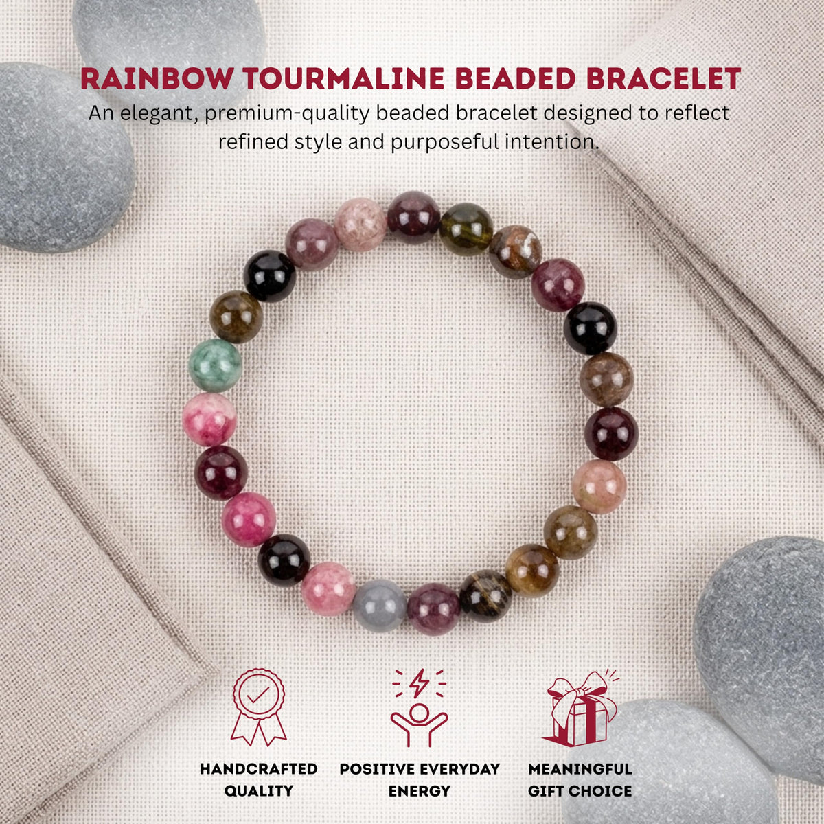 Cherry Tree Collection Rainbow Tourmaline Beaded Bracelet – Genuine 8mm Gemstone Stretch Bracelet for Men & Women – Handmade Crystal Bracelet - (Rainbow Tourmaline - S)