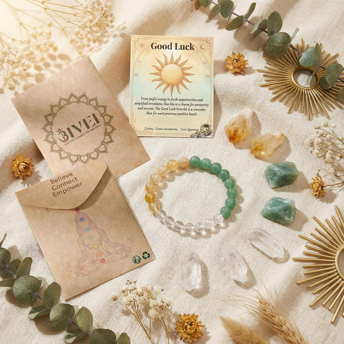 Bivei Good Luck Bracelet, Strength Crystal Healing Bracelet 8MM with Citrine & Green Aventurine & Clear Quartz - Spiritual Stretch Beaded Jewelry for Women Men Gift