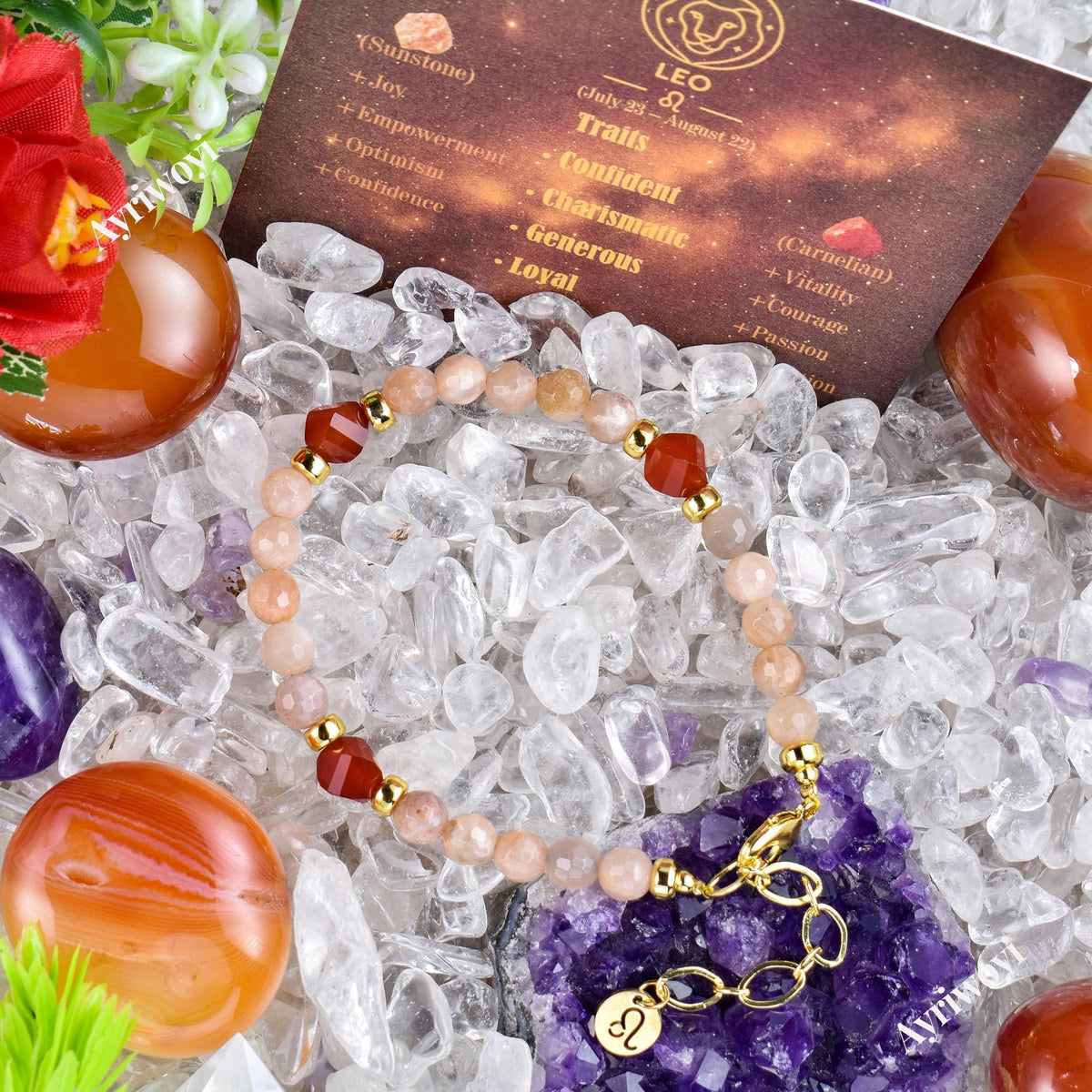 Ayriwoyi Leo Zodiac Bracelet Sunstone Bracelet 12 Constellations Carnelian Crystal Healing Energy Bracelets Astrology Jewelry Gift for Women