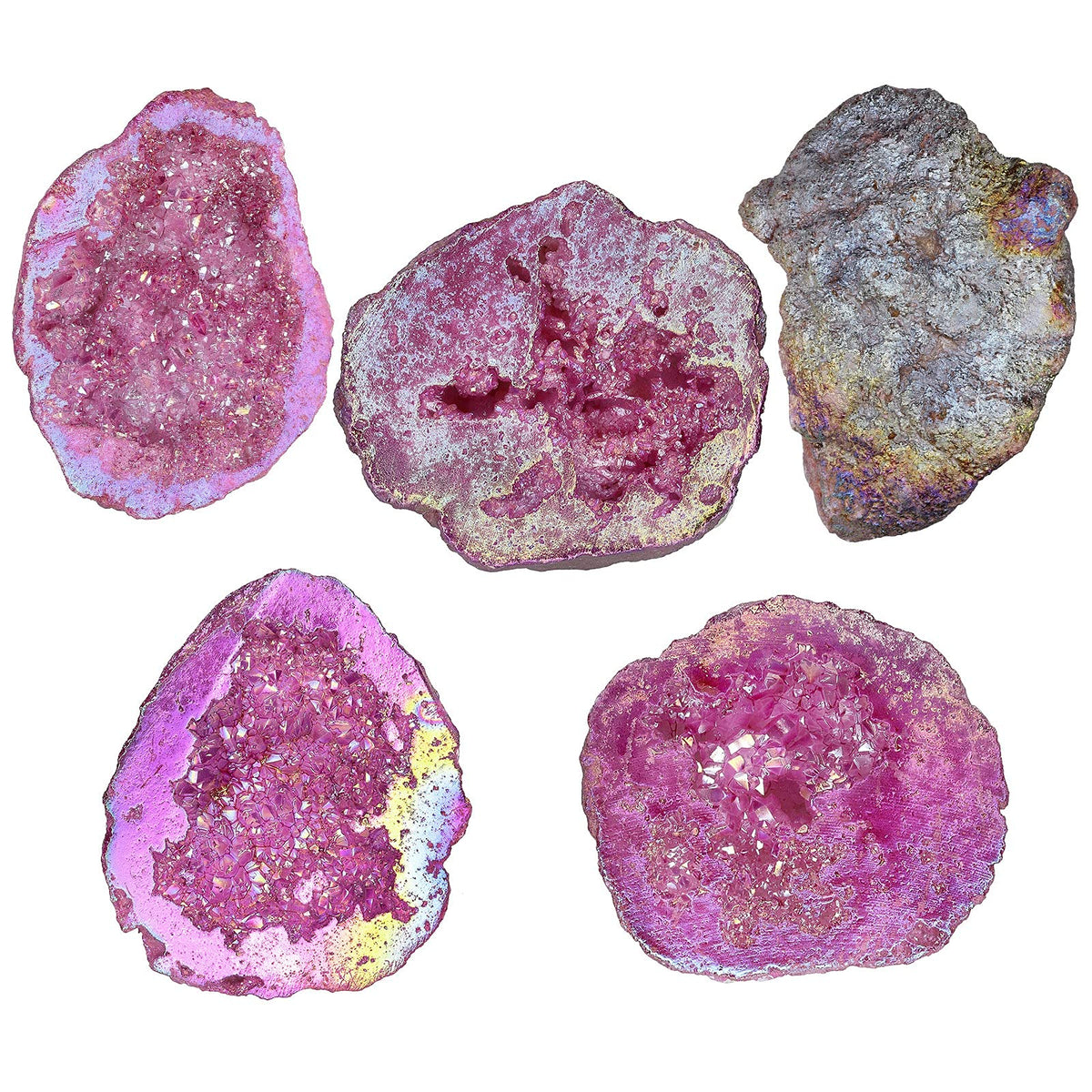 SUNYIK Natural Rainbow Titanium Coated Quartz Geode Quartz Crystal Cluster Specimen for Home Office Decoration Reiki Healing Meditation, 100-200g(0.2-0.4lb), Rose Red