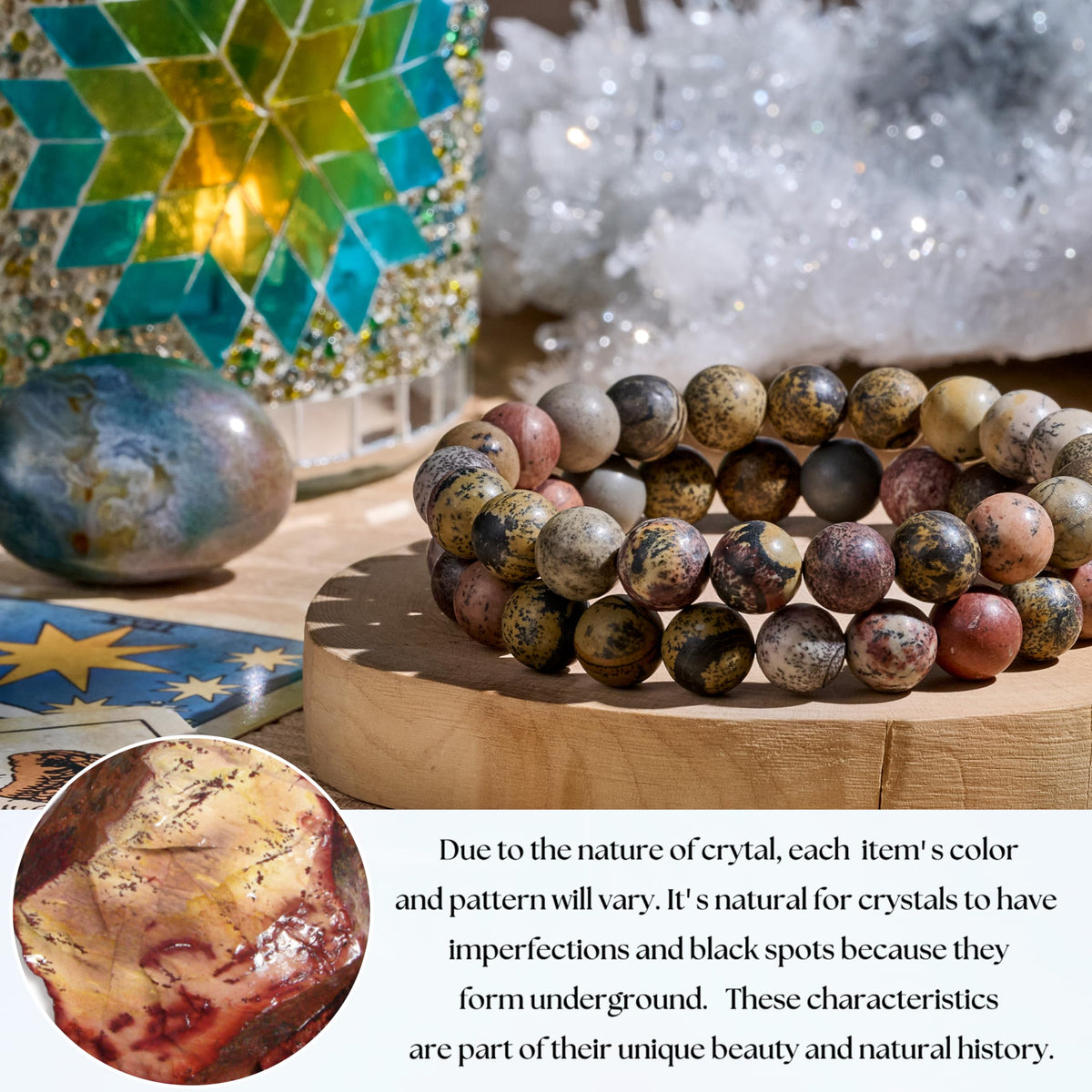 Bivei Natural Gemstone Semi Precious Healing Crystals Handmade Stretchy Round Beads Bracelet, Enhance Positive Energy,Stocking Stuffers for Women(Dendritic Jasper (Stability & Growth)(Large))