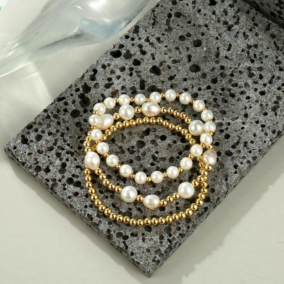 Gold Pearl Bracelets for Women Baroque Beaded Stackable14K Gold Plated Stretch Bead Ball Bracelet Jewelry Gifts (3PCS)