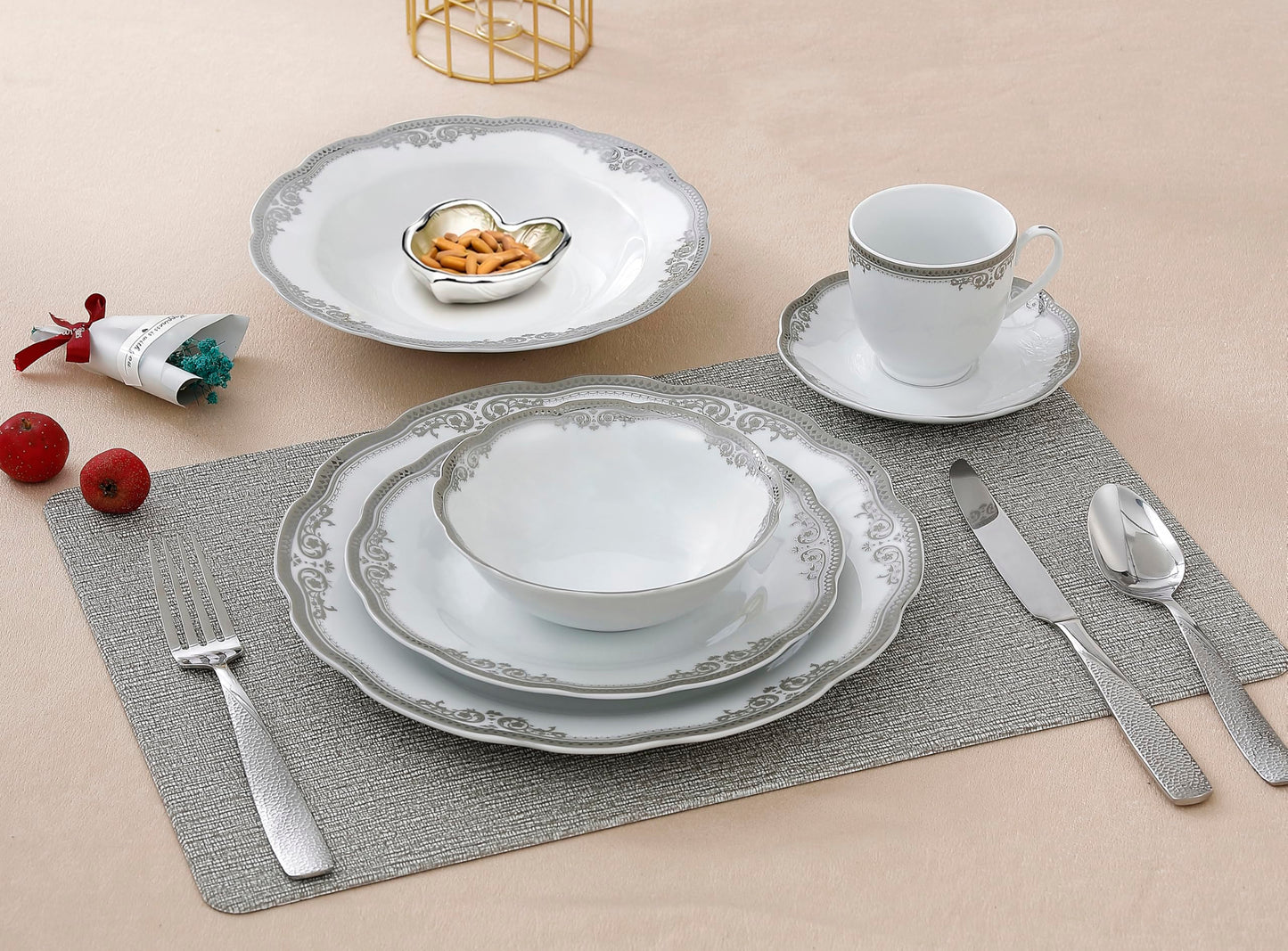 Stylish and Elegant 57 Pieces Porcelain Dinnerware Set Service for 8 People for Hosting Parties and Events - Wavy Edge, Silver Trim