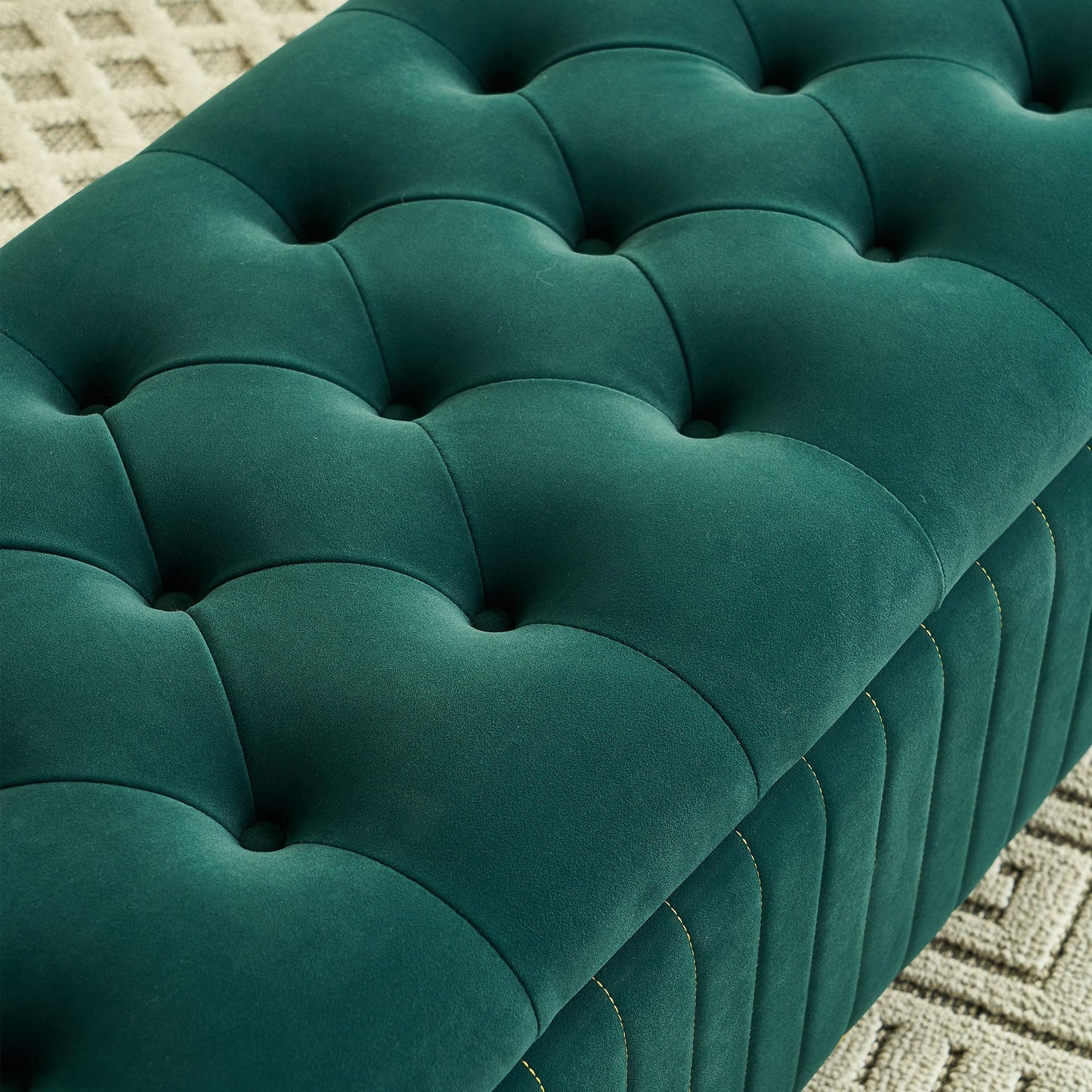 KEIKI 47" Rectangle Velvet Tufted Ottoman Bench with Solid Metal Leg, Modern Style Storage Footstool with Deep Button Tufting and Gold Embroidery, Easy Assembly, for Living Room, Bedroom, Green
