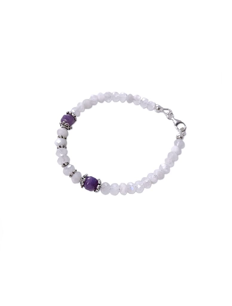 Customized 5mm Faceted Moonstone and Phosphosiderite Bracelet. Sterling Silver Accent Beads. New Beginning-Emotional Balance.