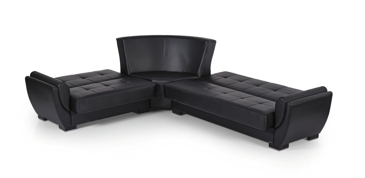 Ottomanson Convertible Sectional Sofa Bed with Hidden Storage & Click-Clack Sit-to-Sleep Sleeper Conversion – Rounded Arm, Firm Support L-Shaped Corner Couch Bed for Living Room & Guest Room, Black