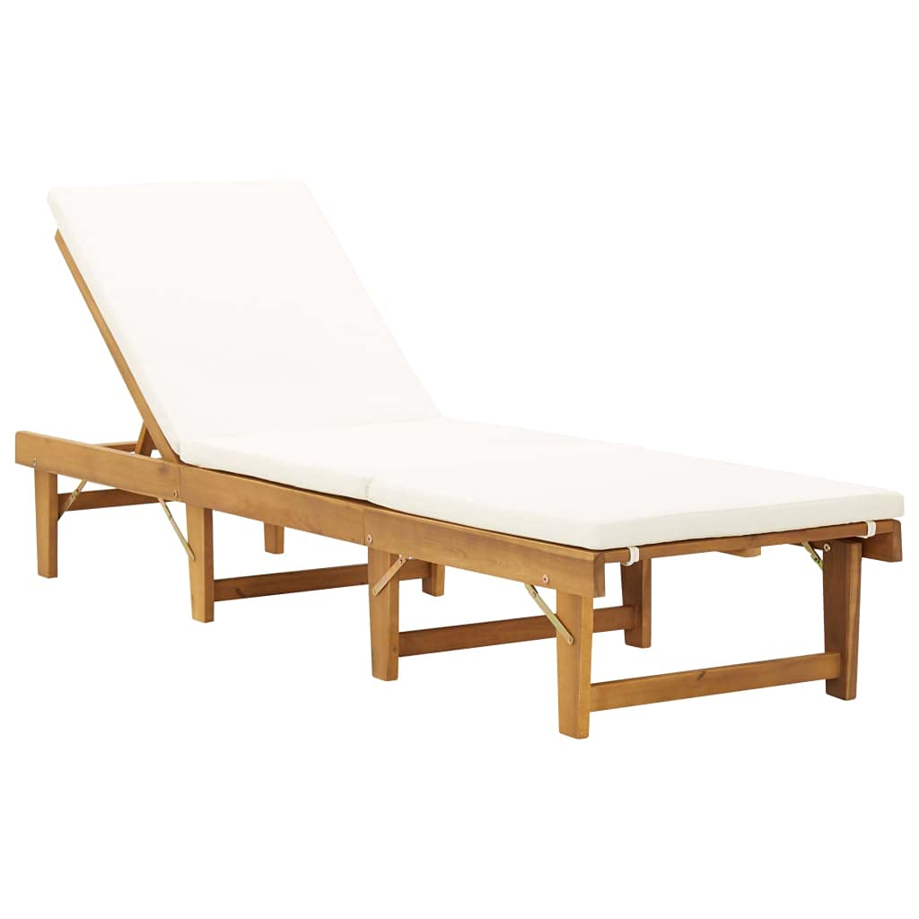 Yisssmeng Folding Sun Lounger with Cushion, Adjustable Solid Acacia Wood Reclining Lounge Chair for Patio Garden and Poolside, Outdoor Wooden Daybed with Removable Cover, Natural and Beige