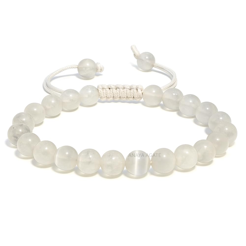 ANAYA AGATE Healing Crystal Bracelet – Chic Gemstone Bracelet for Men and Women – 8mm Round Bead Bracelets for Spiritual Healing, Protection, Positive Energy - Selenite
