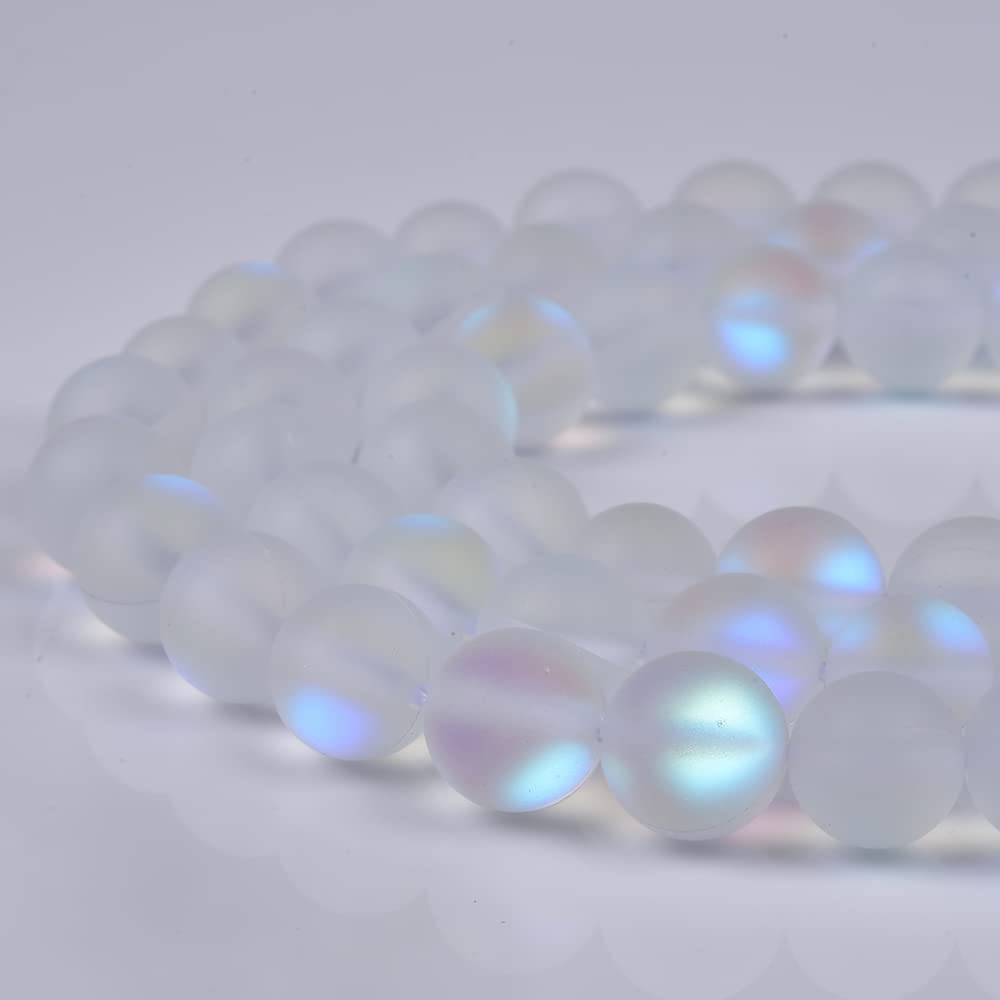 Asingeloo 48PCS 8mm Natural Mystic Aura Quartz Gemstone Frosted Matte Titanium Opalite White Rainbow Round Loose Beads 15 inch Full Strand