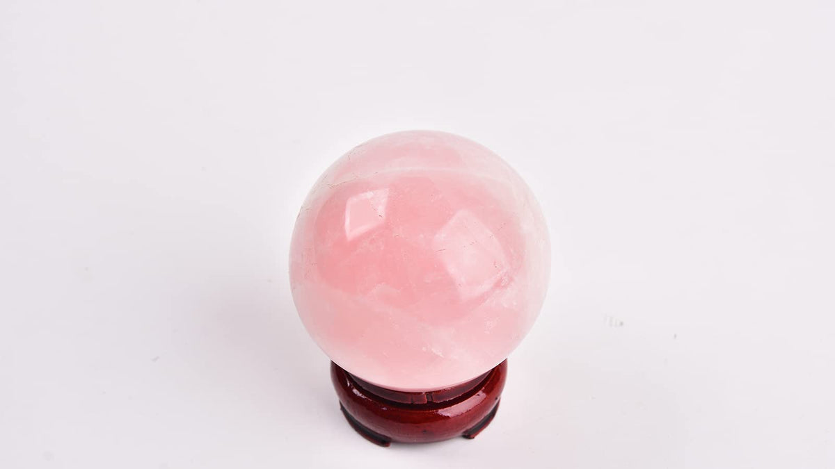JIC Gem 2.9 Inch Natural Pink Rose Quartz Magic Crystal Healing Ball Ornament Sphere with Wood Stand for Decoration,Meditation, Scrying Mirror,Feng Shui.
