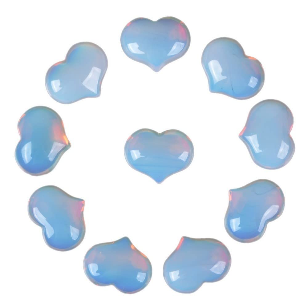 Synthetic Opalite Moonstone Healing Crystal 1 inch Mini Puffy Heart Pocket Stone Iron Gift Box (Pack of 10)