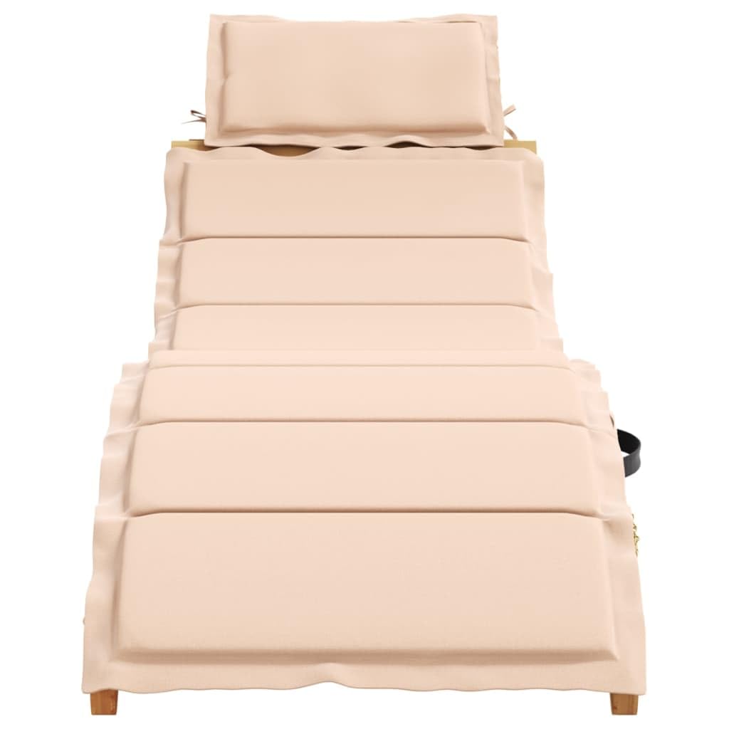Yisssmeng Solid Acacia Wood Sun Lounger with Thick Padded Beige Cushion, Foldable Outdoor Patio Lounge Chair for Poolside Garden and Balcony, Slatted Design Wood Chaise Daybed