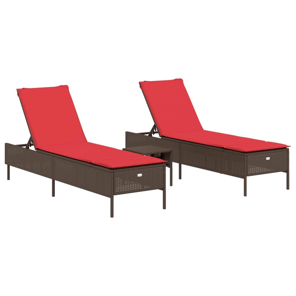 Yisssmeng 3-Piece Patio Sun Lounger Set with Red Cushions, Brown Poly Rattan Outdoor Chaise Lounge Chairs for Garden, Poolside and Terrace, Adjustable Backrest, 2 Pack, Steel Frame