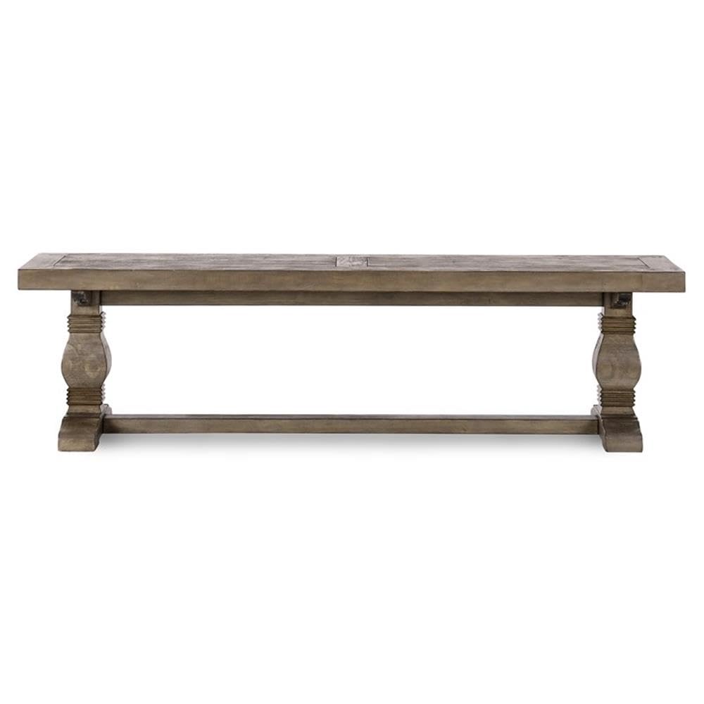 MAKLAINE 66" Transitional Reclaimed Pine Wood Bench, Weathered Brown Finish, Hand-Carved Pedestal Base, Rustic Style Seating for Kitchen or Dining Room, Seats Up to 3