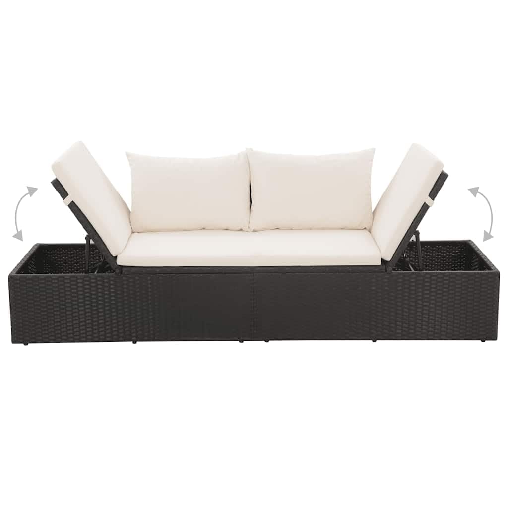 HGKMBRY Outdoor Lounge Bed with Removable Cushion Covers in Black PE Rattan, Black and Cream Design, 76.8 x 23.6 Inches with Multi-Position Backrest