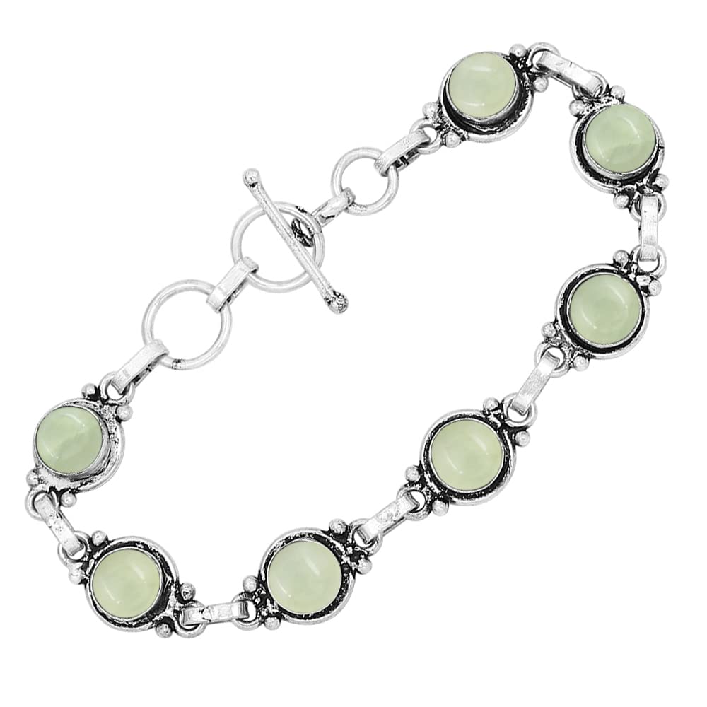 Natural Prehnite 925 Silver Plated Handmade Link Bracelet for Women - Round Gemstones Vintage Style Adjustable Bracelet Women Jewelry Gifts for Wedding Christmas Valentine's Day