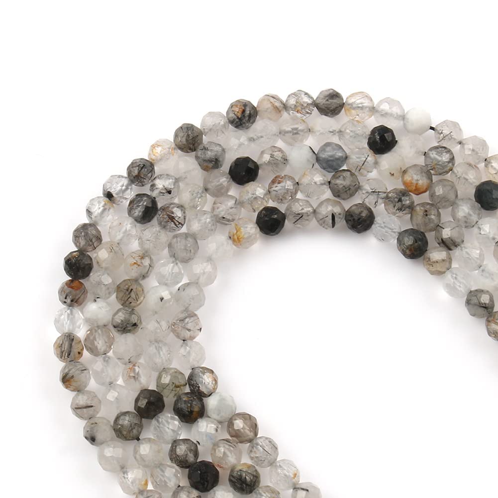 Song Xi 180pcs 2mm Natural Black Rutilated Quartz Gemstone Beads Faceted Round Loose Stone Beads for Jewelry Making (1 Strand)