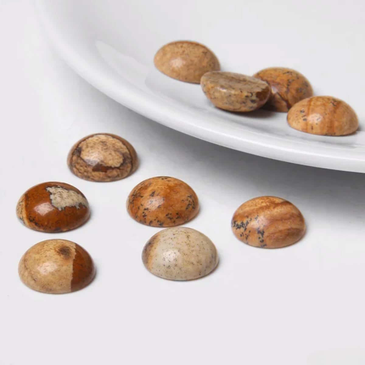20pcs 16mm Natural Stone No Hole Brown Picture Semicircle Smooth Cabochons Beads Healing Chakra Crystal Stone Bead for Jewelry Making Rings Earrings Necklace Bracelet DIY Crafts