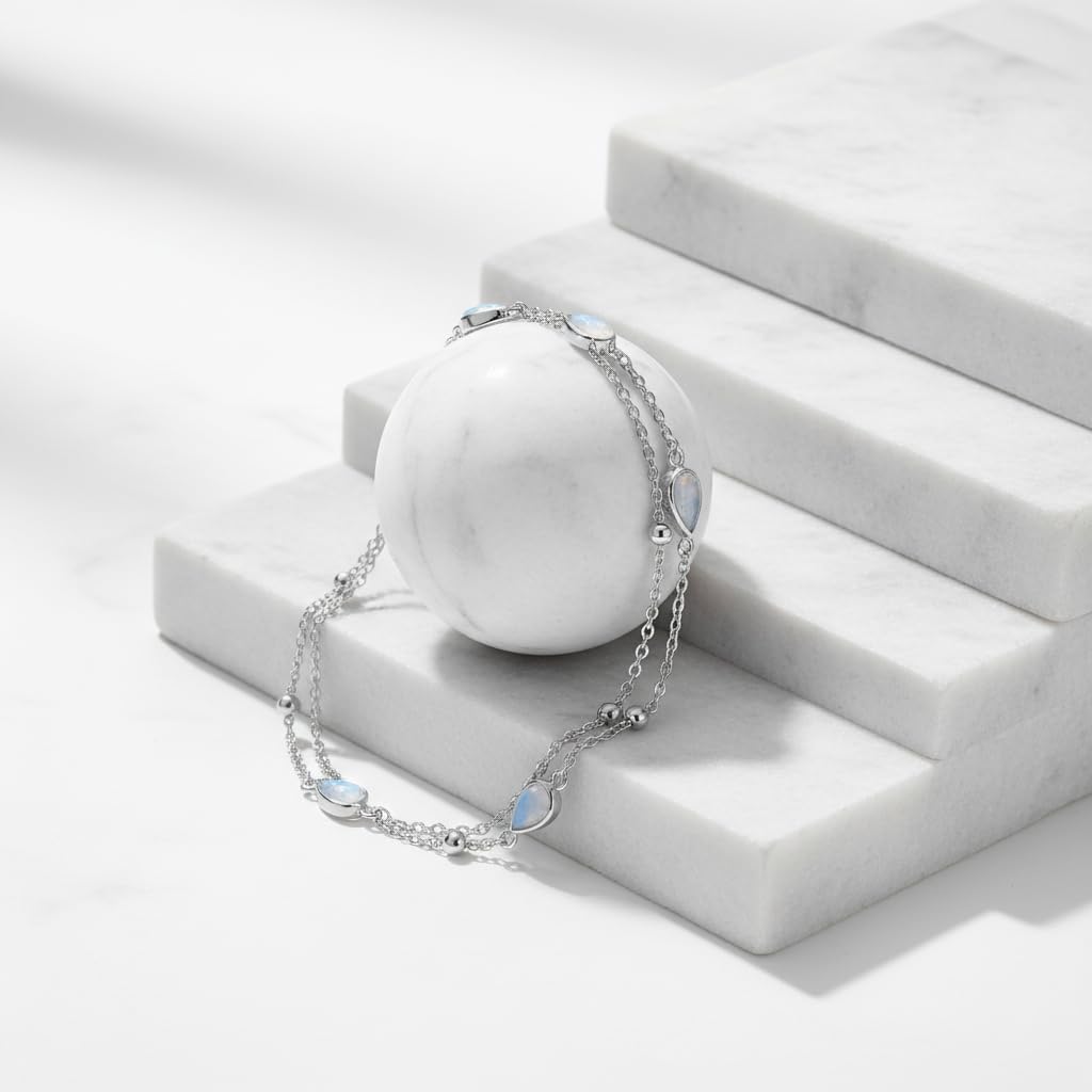 ZADIUA Moonstone Bracelet 925 Sterling Silver Adjustable Moonstone Double Layered Chain Bracelet Jewelry Gifts for Women
