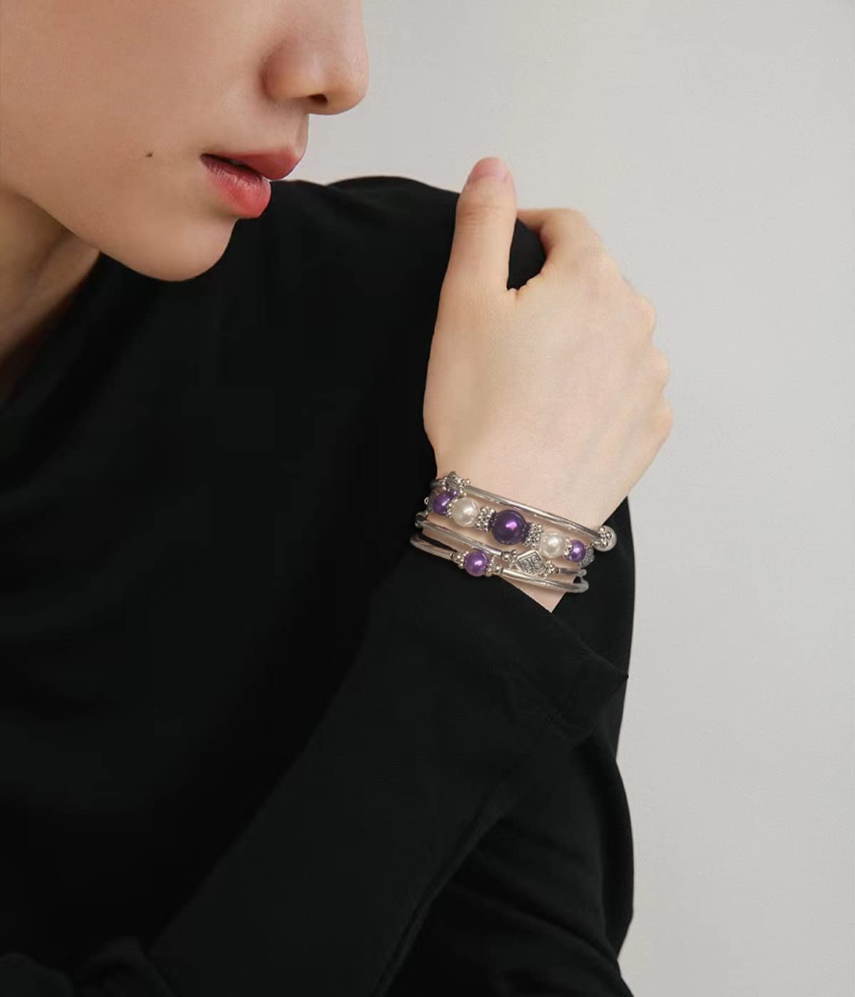 FULU AUTUMN Beaded Pearl Bangle Bracelets for Women Silver Wrap Bangles Bracelet Womens Costume Jewelry Fashion Gift(18-Purple)