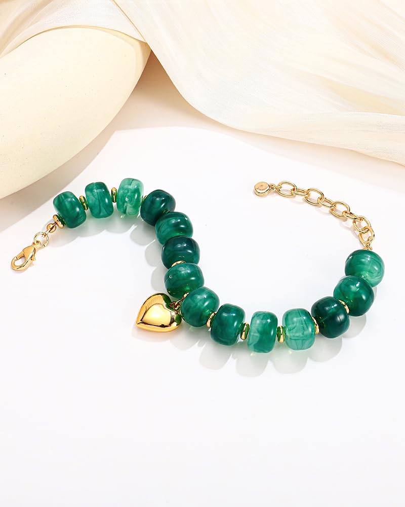FAUTHENTICUTE Boho Green Beaded Bracelets for Women Chunky Bead Strand With A Small Gold Heart Charm Trendy Stacking Bracelet Gift Perfect Summer Beach Jewelry Gift