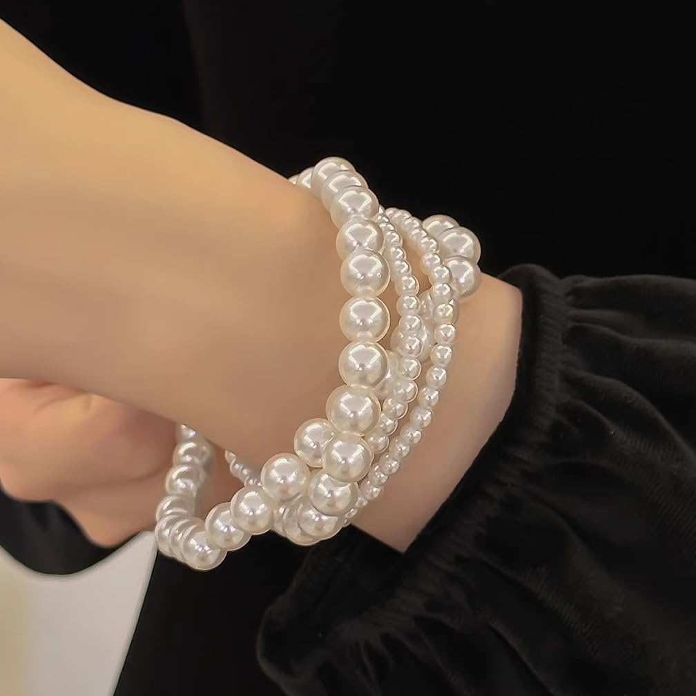 Cute Layered White Pearl Bracelets Sets for Women Fashion Freshwater Pearls Layering Statement Bracelet Stack Strand Beaded Bangles Dainty Aesthetic Jewelry (Pearl-1)