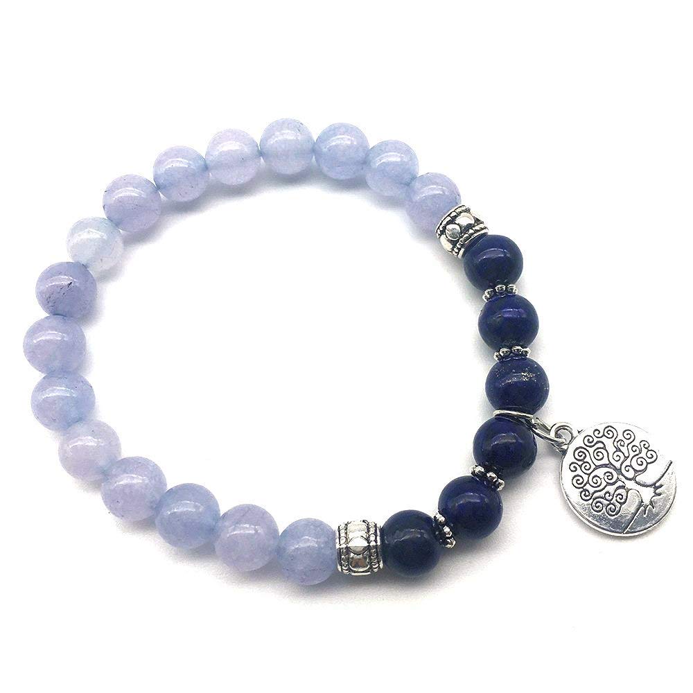 Blue Chalcedony & Lapis Lazuli Bracelet – 8mm Natural Gemstone Beads with Tree of Life Charm – Handmade Stretch Bracelet for Women and Men – Yoga Girl USA